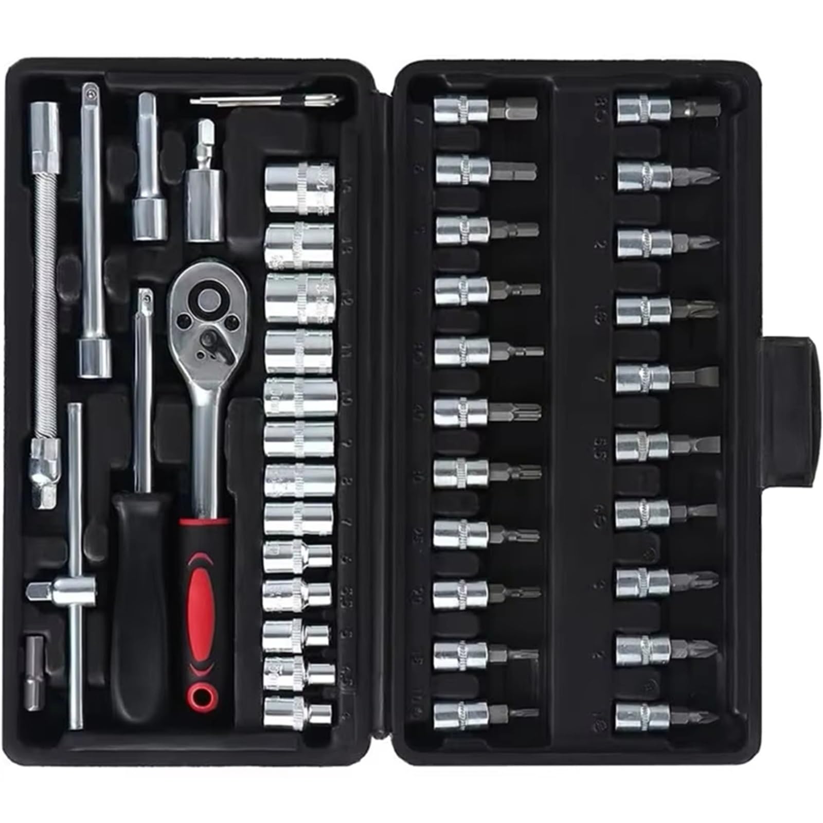 Maletín herramientas multiusos Juego Llaves Trinquete 46 Piezas 1/4 Pulgadas Con Juego Llaves Vaso Broca Juego Herramientas Reparación Automóviles Con Barra Métrica Y De Extensión