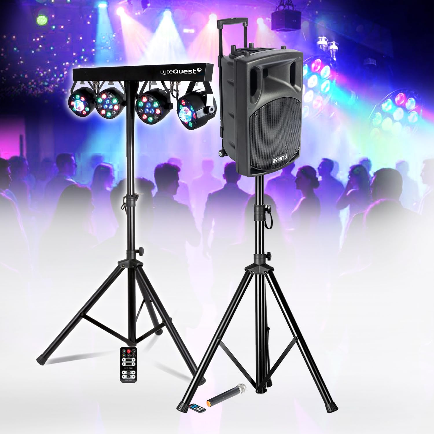 Enceinte Active Boost Portable Autonome - 800W -15/38CM USB Bluetooth, Support, 1 Micro VHF, Portique Lumières pour Sono DJ Fête