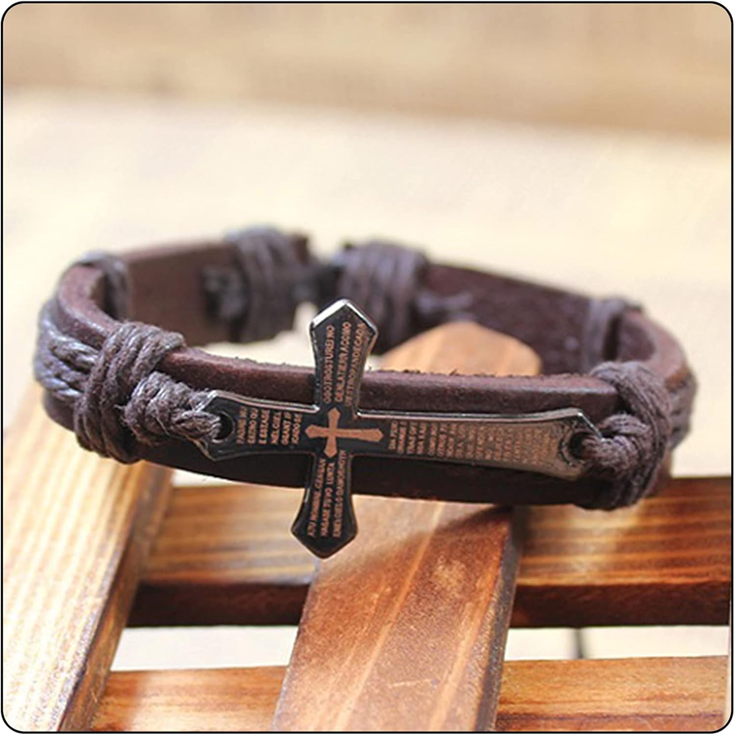 Fashion Religious Cross Spain Lord's Prayer Bracelet Leather Rope Bracelet - Image 5