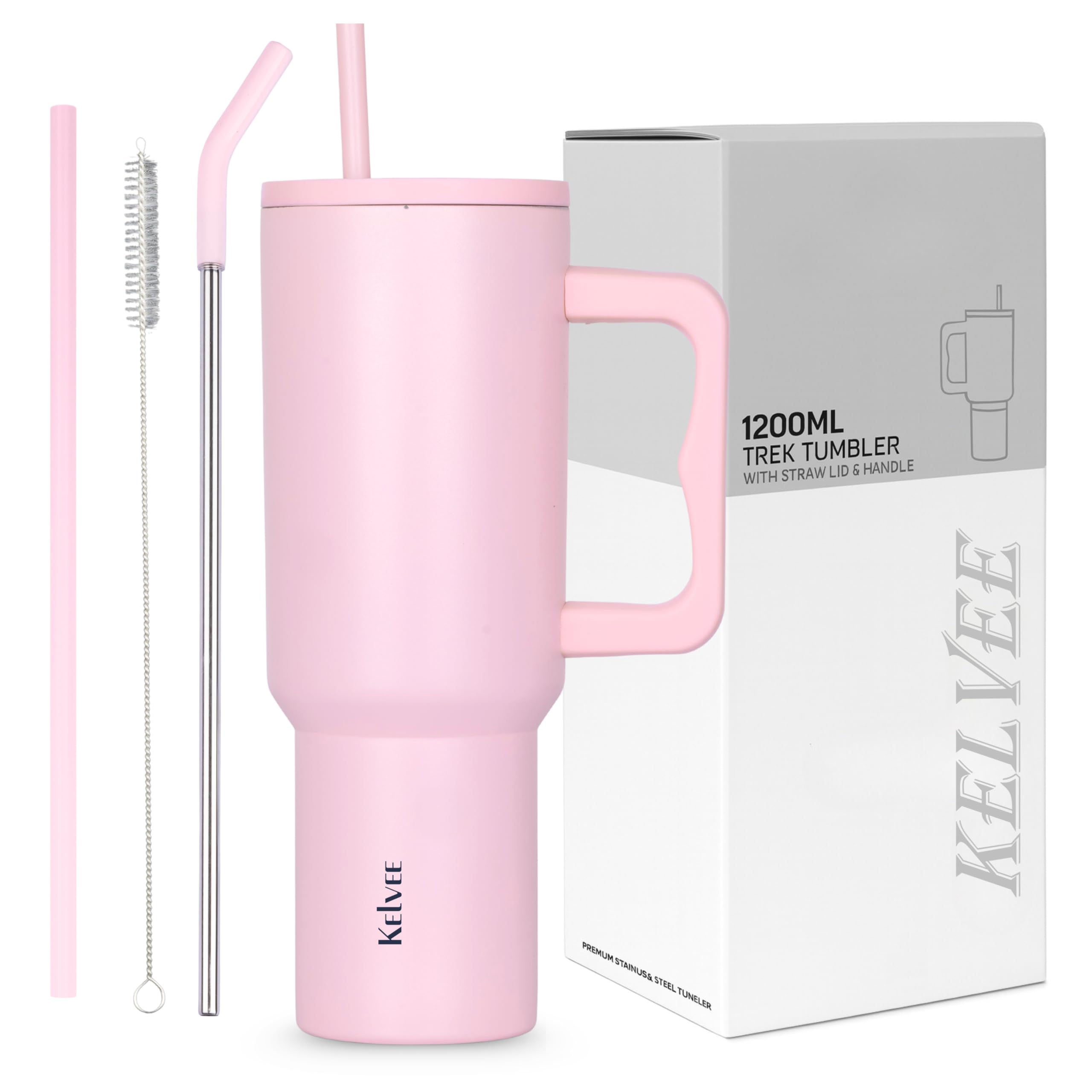 KELVEE 40oz Tumbler with Handle and Straw Lid, Reusable Cup Leakproof Iced Coffee Sipper Mug for Keeping Beverages Water Hot or Cold,Perfect for Travel, Gym 1.2L (Light Pink)