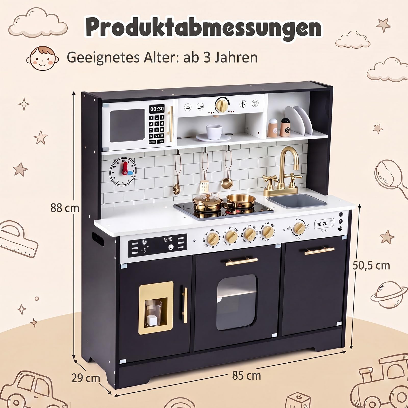 DREAMADE Kinderküche Holz, Spielküche mit Licht & Sound (Schwarz) | Kinder Küche mit Mikrowelle, Backoffen, Kaffeemaschine, Eiswürfelmaschine & Spülmaschine, Puppenküche für Kinder ab 3 Jahren