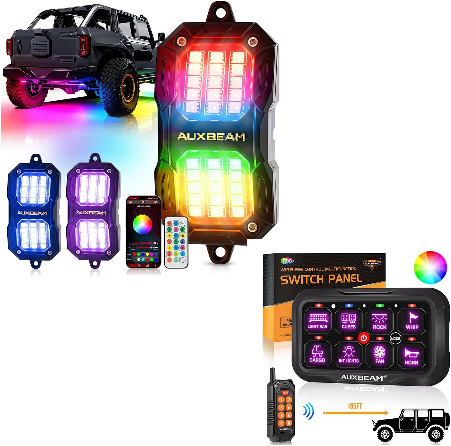 Auxbeam 2-Pod RGB LED Rock Lights (NO Controller) w/Bluetooth APP & Remote Control Music Voice Sync Waterproof and Auxbeam RC800 8 Gang Switch Panel RA84 RGB Wireless Remote Control Up to 165FT