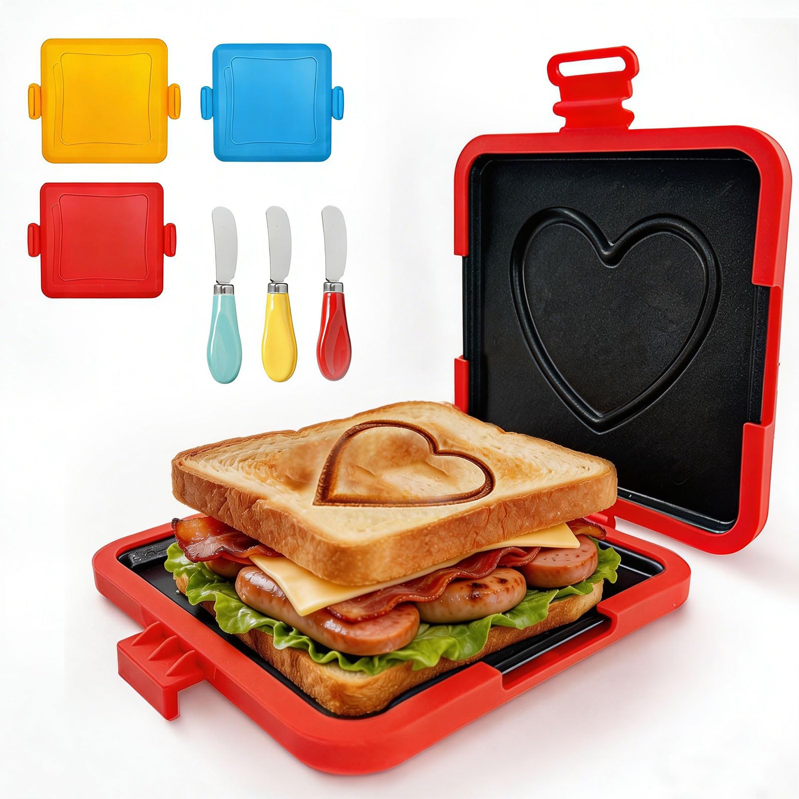 Microwave Toastie Sandwich Maker with Butter Knife, Microwave Toaster, Love Printed Sandwich Maker, Panini Maker,Dishwasher Safe Design No Electricity Needed Fast Cooking (Red)