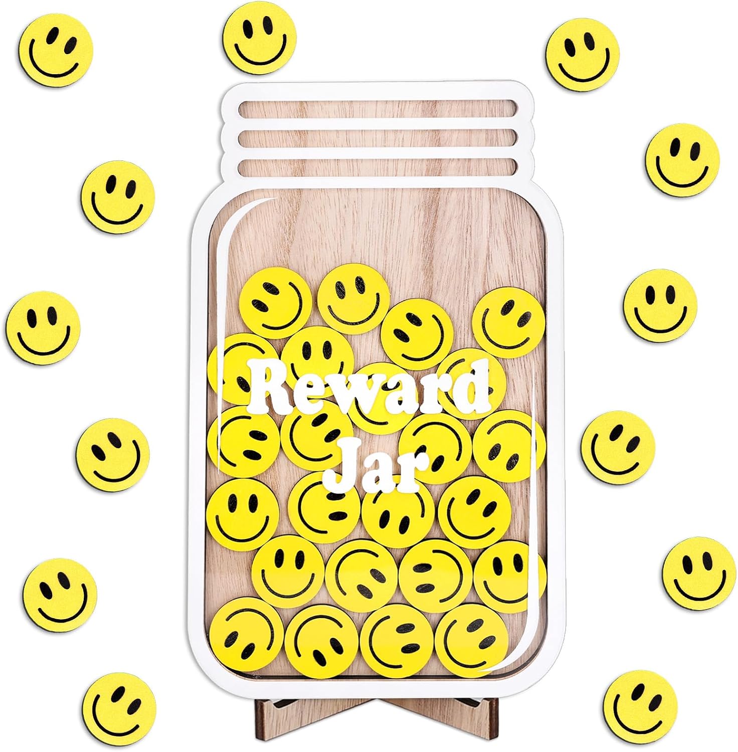 JarThenaAMCS Smile Wooden Reward Jar Happy Face Wood Cutouts with Magnetic Sticker Back to School Positive Incentive Behavior Chart with Base for Student Teacher Management, 39 Pcs