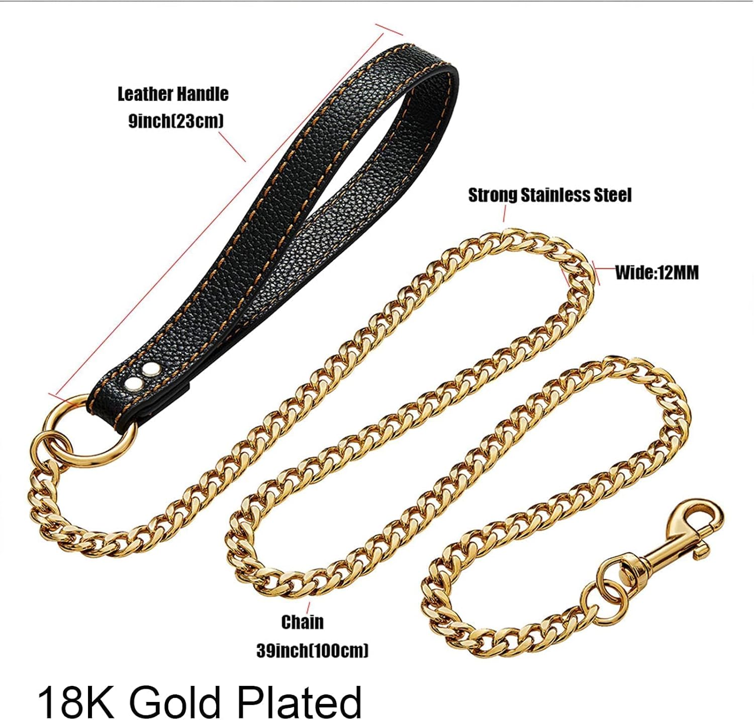 Strong Stainless Steel Gold Chain Dog Leash,with Leather Handle,12mm Width 18K Gold Plated NK Link Chain Leash,Metal Leash for Small Medium & Large Dogs
