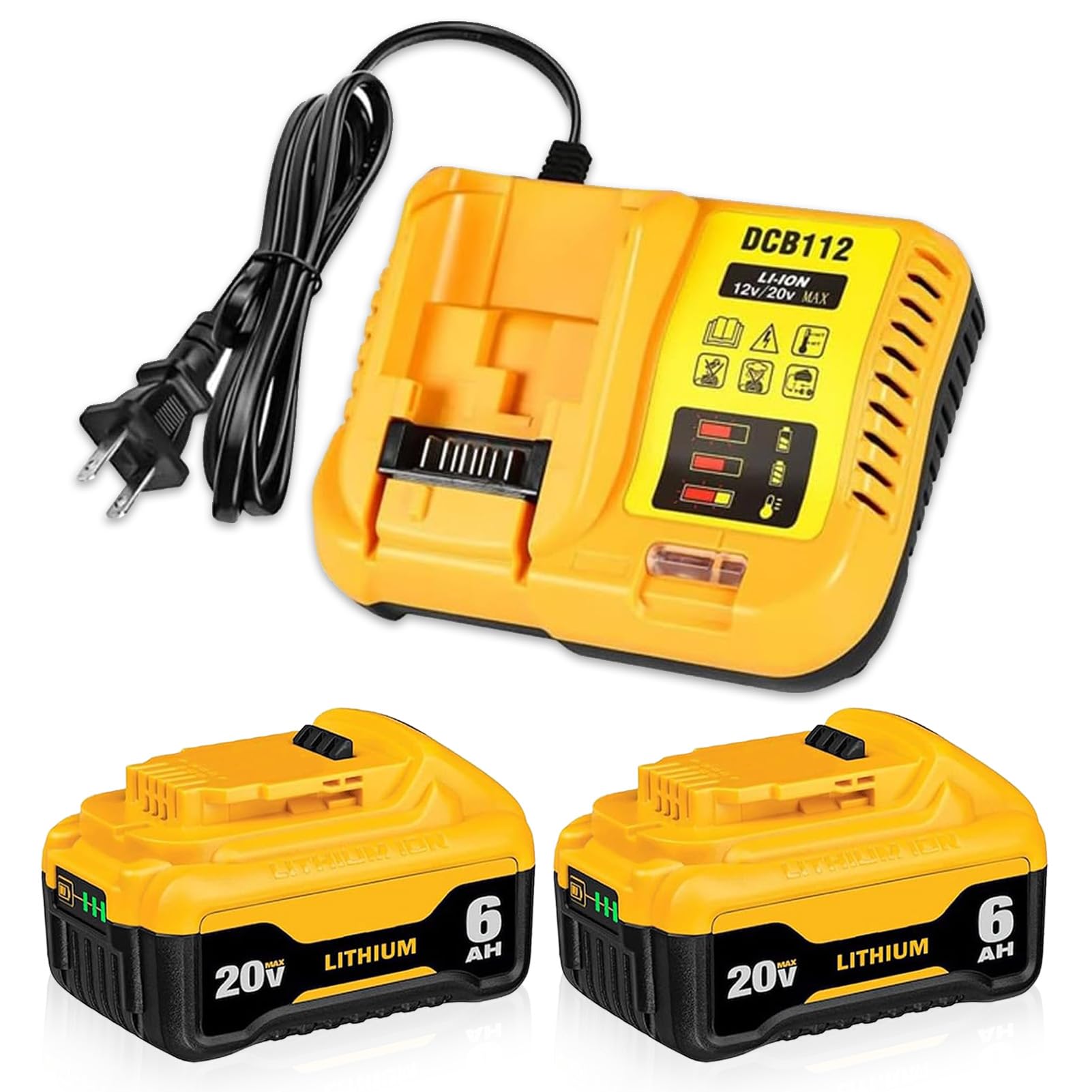 2PACK 20V 6.0Ah Lithium DCB200 Replacement for DEWALT 20V Battery and Charger Combo 12V/20V DCB112 Station Kit Compatible with Dewalt 20Volt Battery