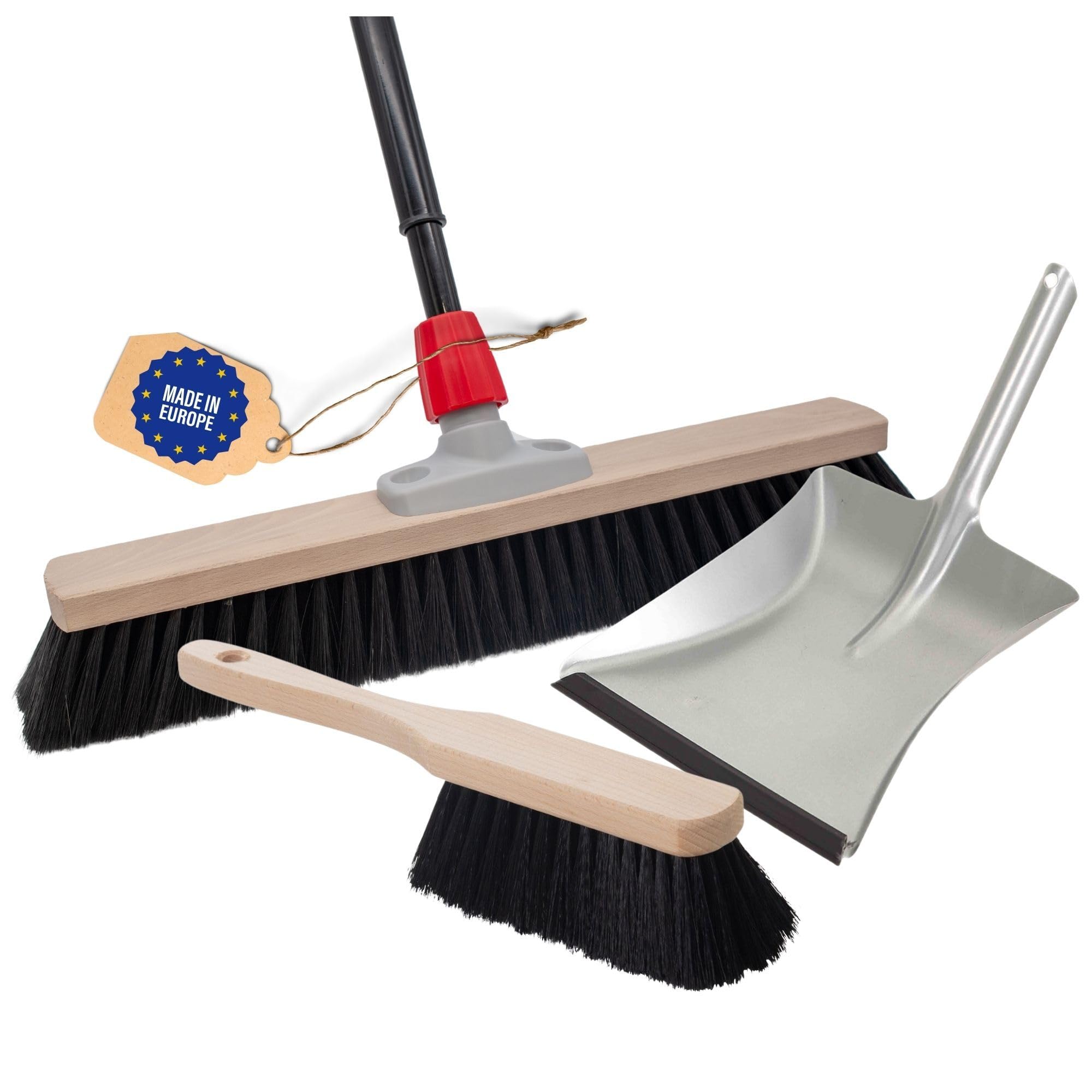 Novaliv Scopa grande, 100 cm, con manico telescopico, setole sintetiche, con scopa zincata, con bordo in gomma, composto da paletta e spazzola, scopa industriale con manico