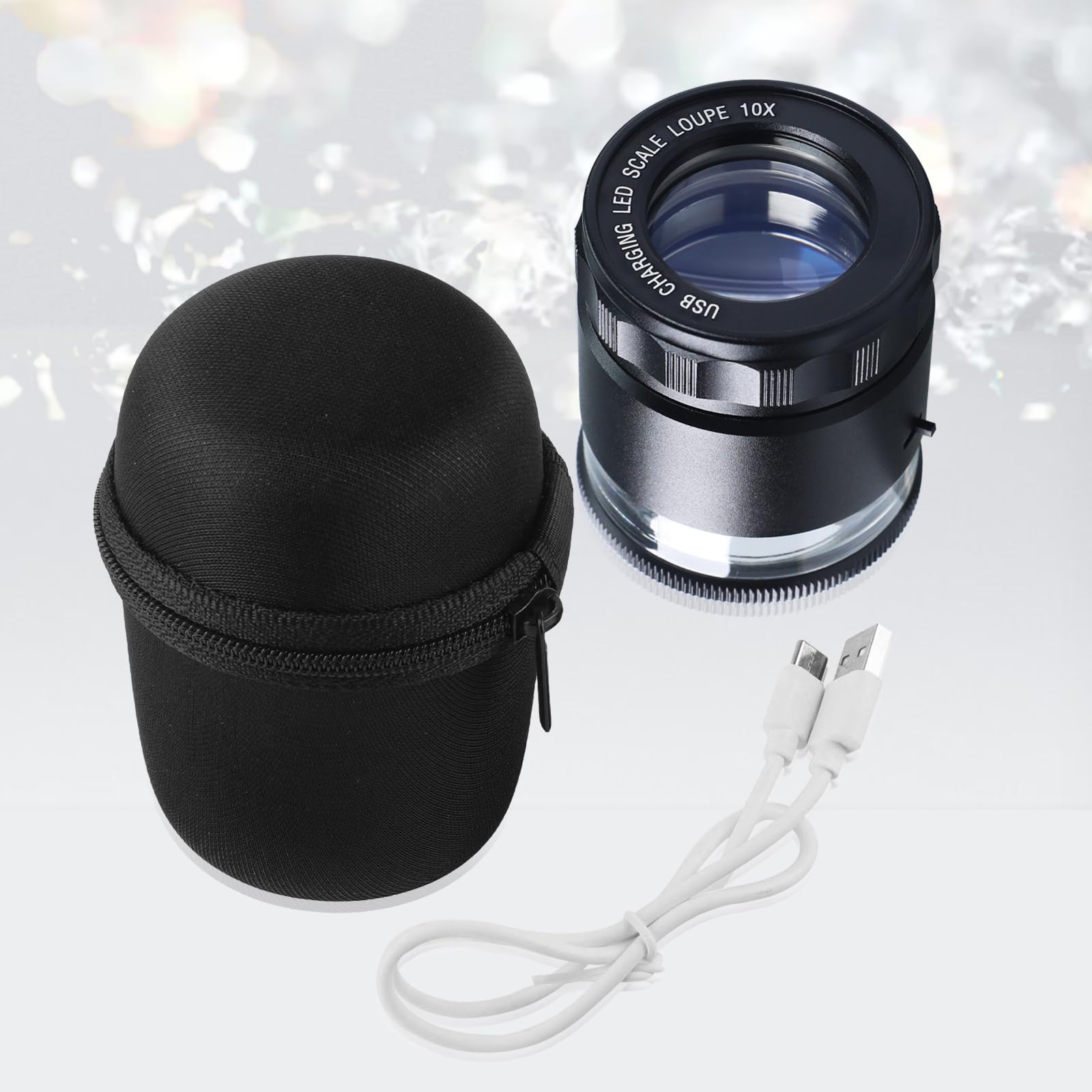 Lente d'ingrandimento ricaricabile per gioiellieri, 10 x con luci a LED e 3 scale a reticolo, campo visivo da 25 mm, messa a fuoco regolabile, lente d'ingrandimento a LED per gemme, monete, orologi