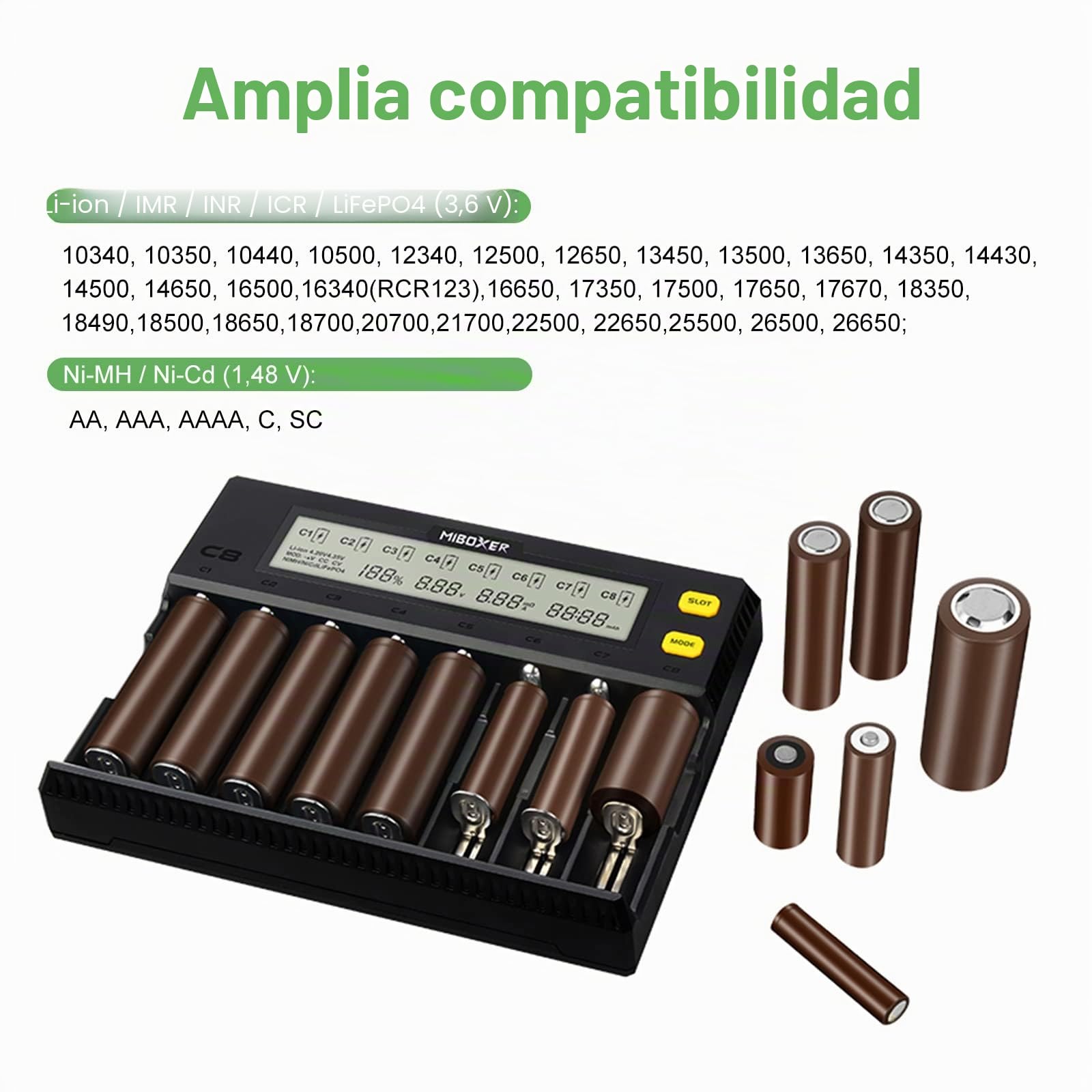 18650 - Cargador de batería universal con pantalla LCD para baterías NI-MH, NI-Cd, AA, AAA, 14500, 18350, 21700, 26650, Li-Ion LiFePO4, RCR123A (8 ranuras)