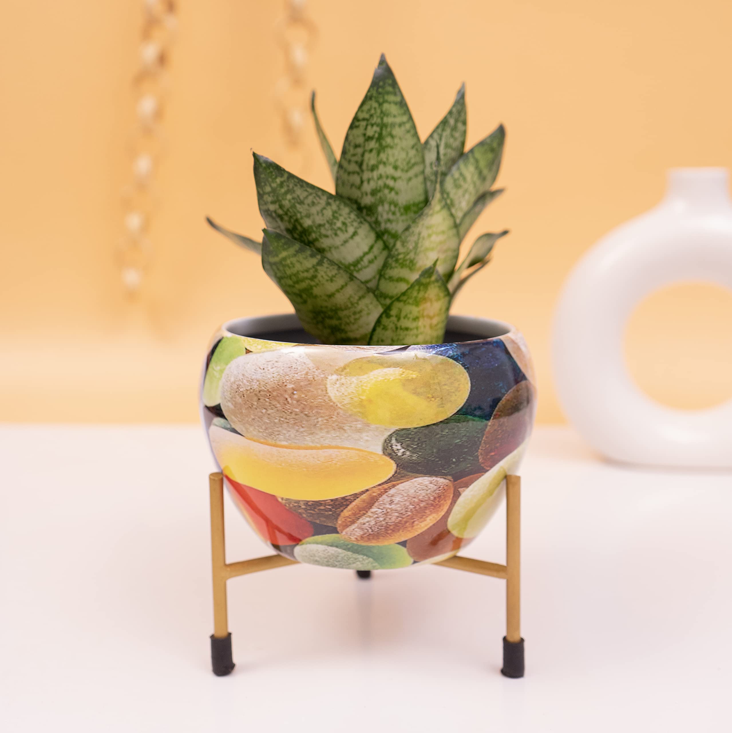 KYARI Multicolour Pebble Print Metal Pot with Stand, Rust-Free Powder Coating, Indoor & Outdoor Use, Home & Office Decor, Plants Not Included, Pot Size: 10 * 13cm, Stand Height: 7.5cm (B09SLVBP6J) Amazon Price History, Amazon Price Tracker