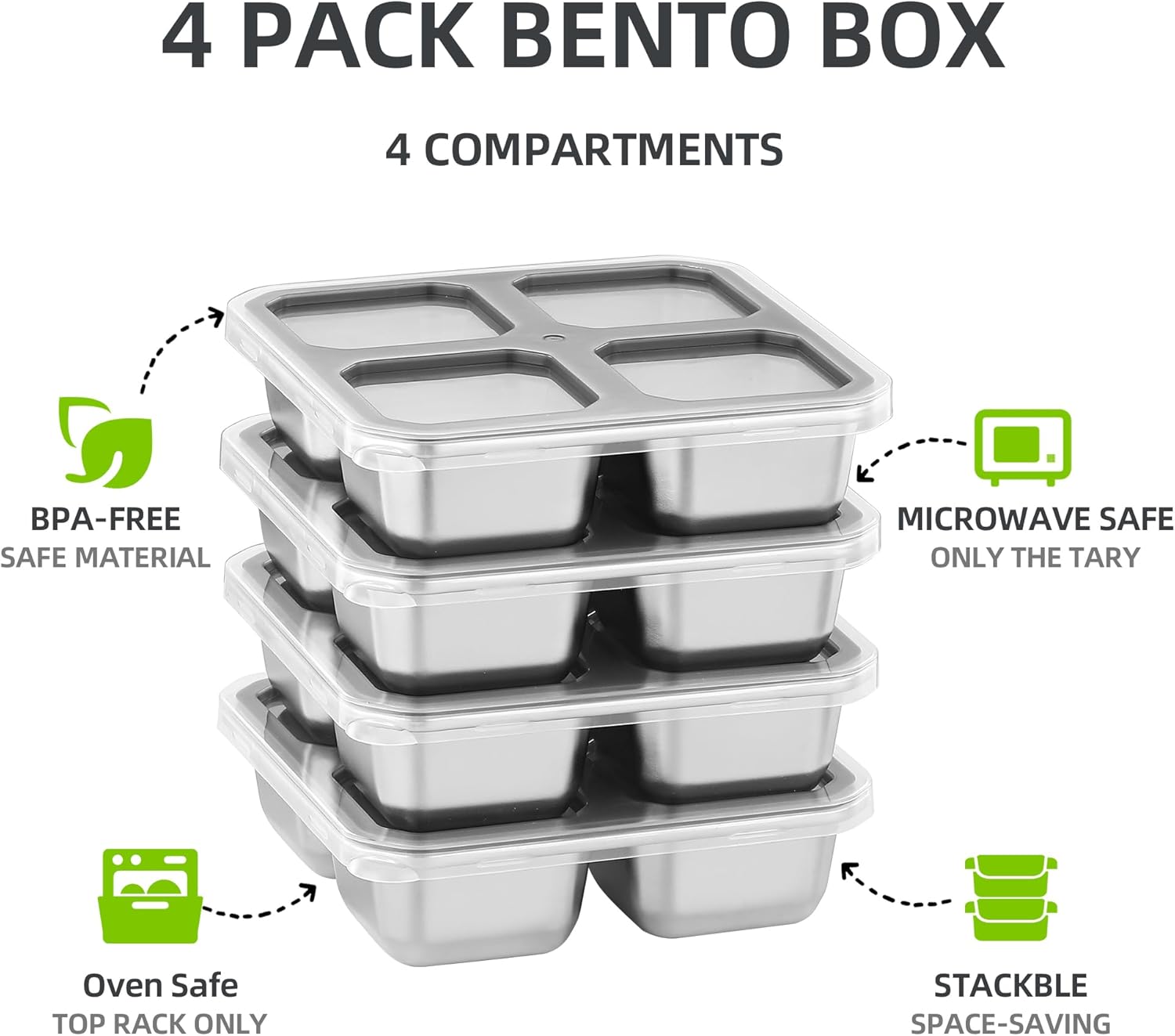 4 Pack Stainless Steel Snack Containers with Lids 4 Compartment Lunch Box for Adults & Kids Meal Prep Bento Box Containers Reusable - Image 7