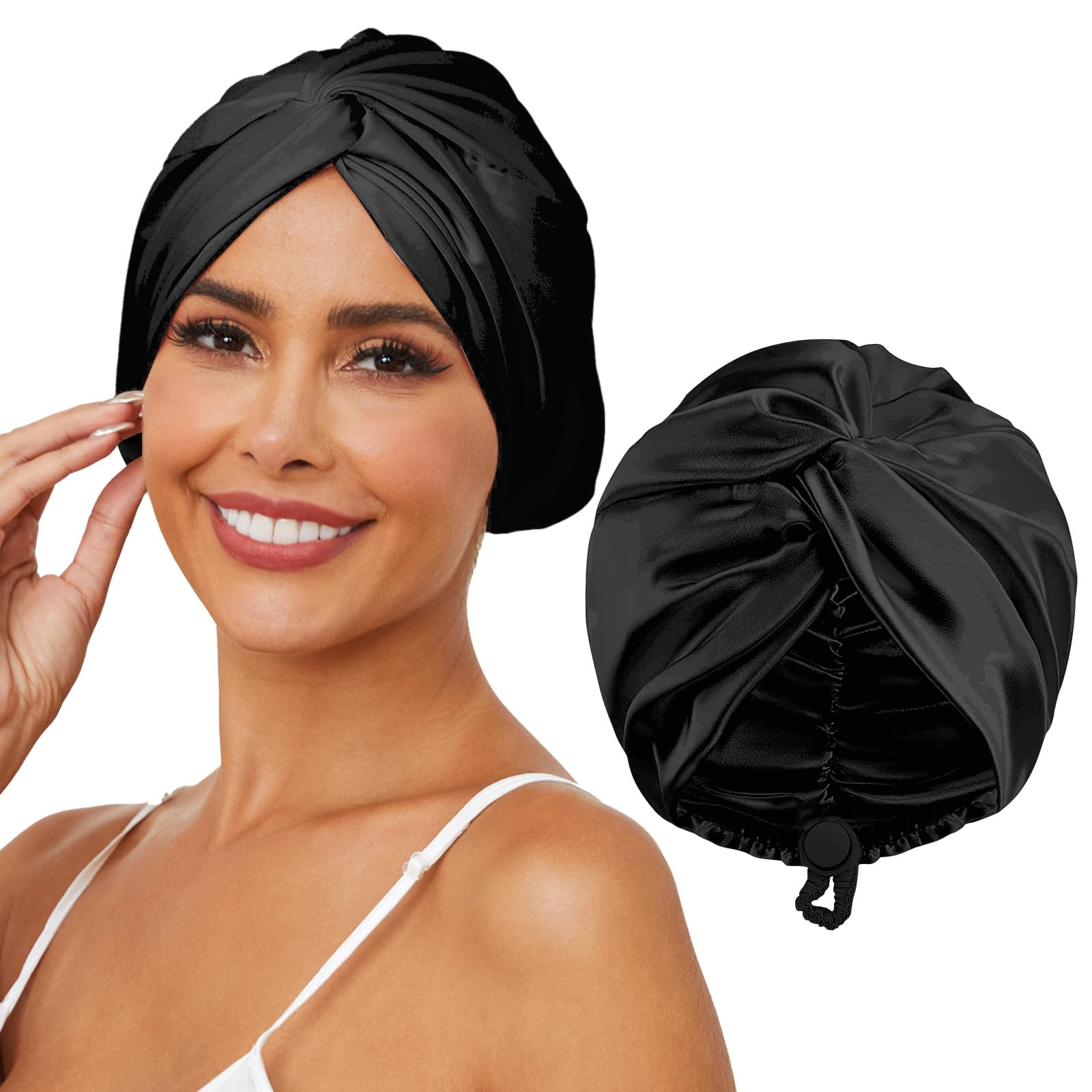HFRHTGY Adjustable Silk Satin Hair Bonnet for Sleeping, Double Layer Hair Wrap Sleep Cap Turban for Women Men, Curly Straight Hair Long Large Braid Unisex (Royal Black)