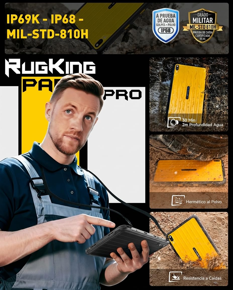 Ulefone RugKing Pad Pro Android 16 Rugged Tablet 8.68 Pulgadas/90Hz, Tablet Rugerizada 16GB+128GB ROM/2TB Tablets Gaming, Batería 7100mAh, 16MP Cámara/Octa-core/Dual SIM 4G/eSIM/NFC/Garantía de 2 años