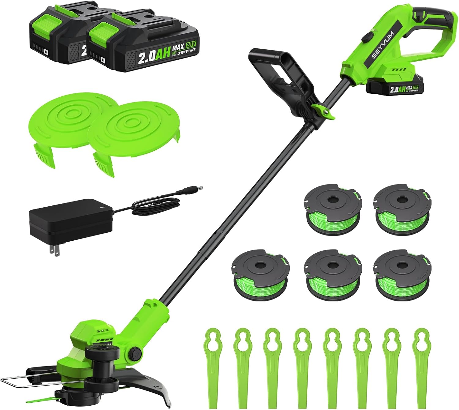 SEYVUM String Trimmer, 20V 12-inch Cordless Weed Trimmer with Auto Line Feed, 2 X 2.0Ah Battery Powered Lawn Edger with 5 Pcs Spool Line & 8 Pcs Plastic Blades, Fast Charger Included, Green