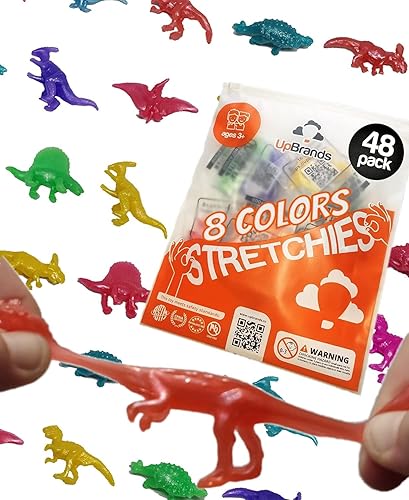 UpBrands Juego de 48 dinosaurios elásticos de 2 12 pulgadas, 8 colores de purpurina, kit para recuerdos de fiesta de cumpleaños para niños, bolsas