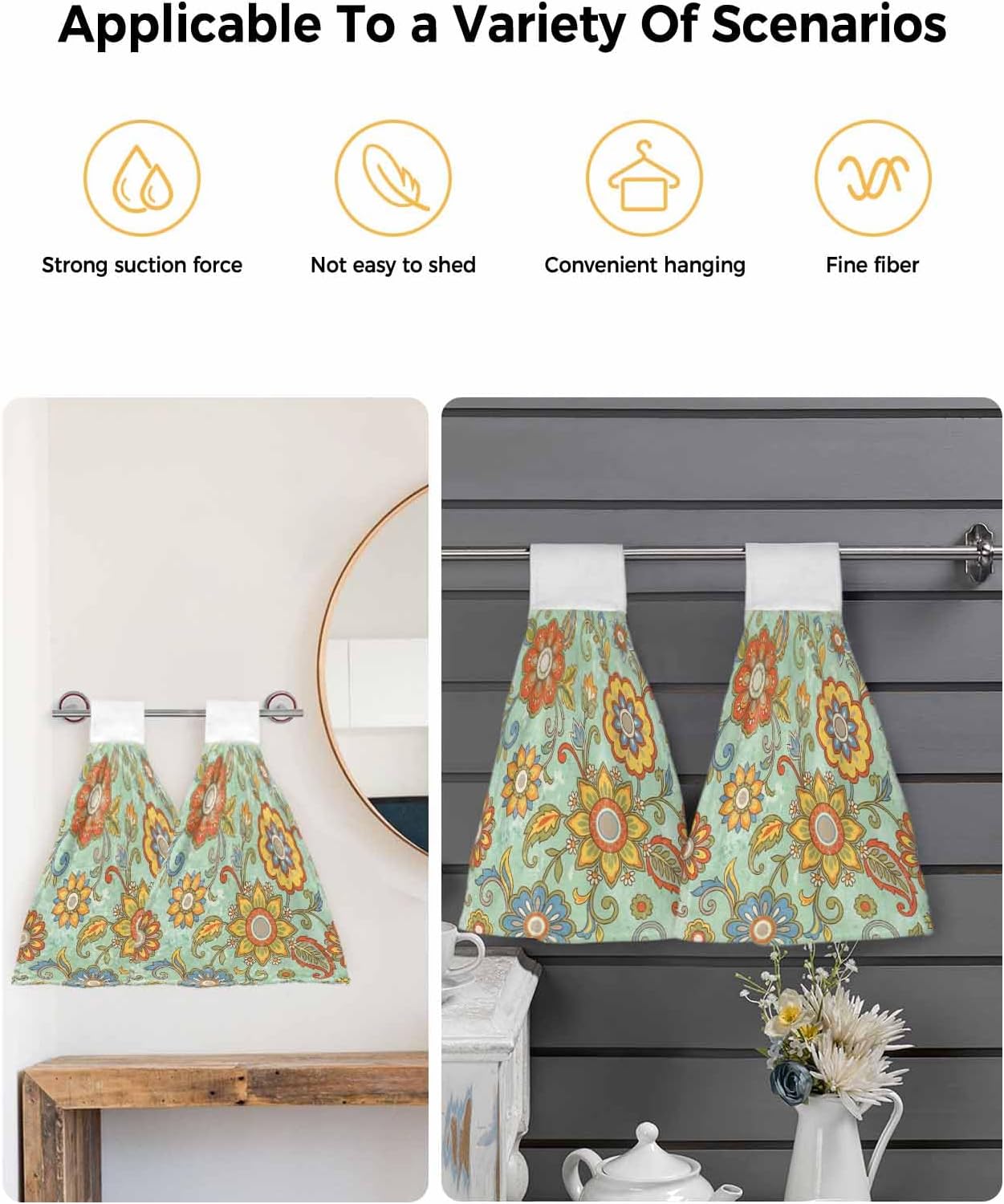 Teal Green Boho Floral Kitchen Hand Towels with Hanging Loops Set of 2 Vintage Abstract Art Ethnic Flowers Soft Thick Oven Fingertip Dry Microfiber Tie Dish Towel Absorbent Cleaning Washcloth