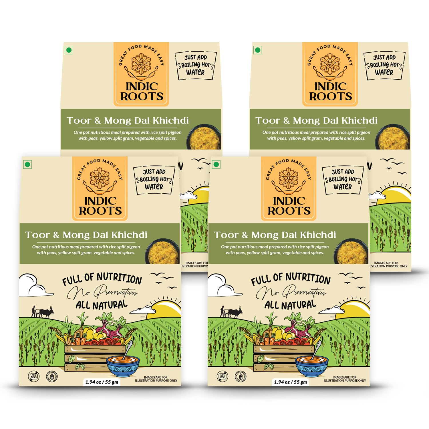 Indic Roots Toor Dal & Moong Dal Khichdi |Instant Food | Healthy | Ready to Eat Full Meal | Gluten Free | No Preservatives, All Natural, Packed Food with no Onion Garlic (Pack of 4)