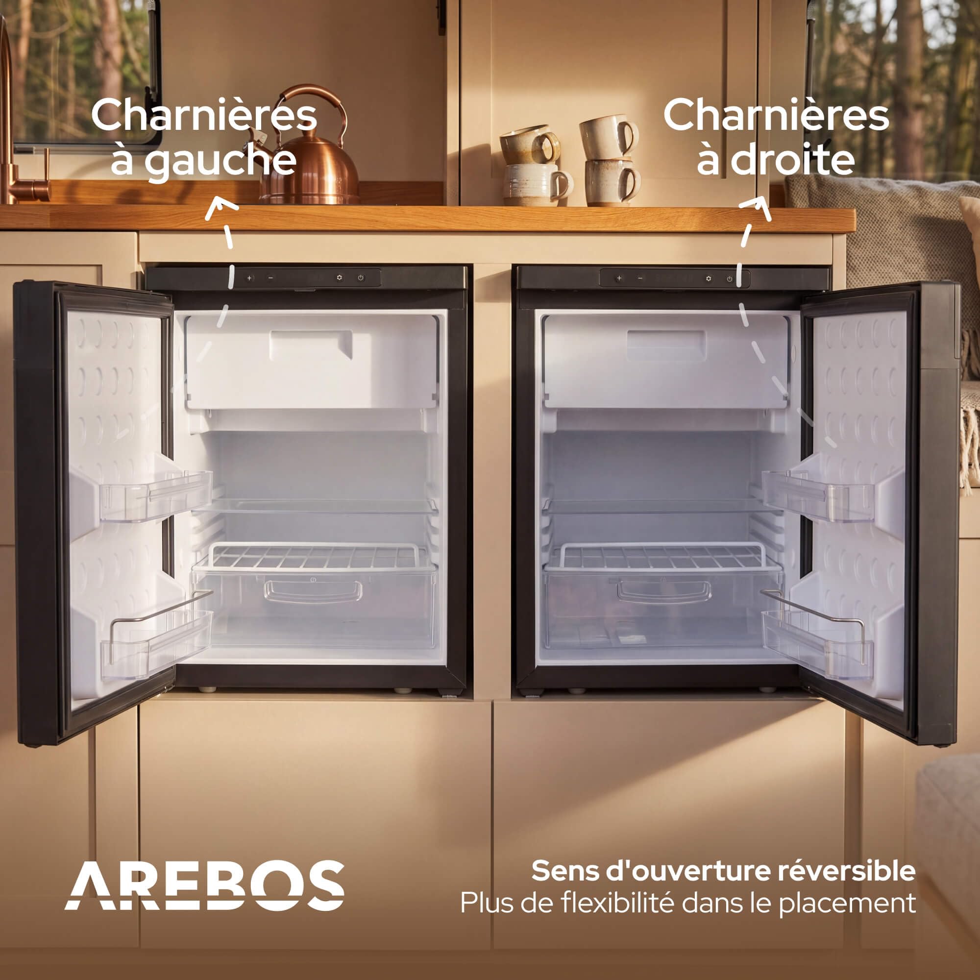 Arebos Réfrigérateur à Compresseur pour Camping-Car 50 L avec Compartiment Congélateur | Contrôle Via APP | 12V/24V | Jusqu'à -20°C | Porte Réversible | Réfrigérateur pour Camping-Car, Van & Camion