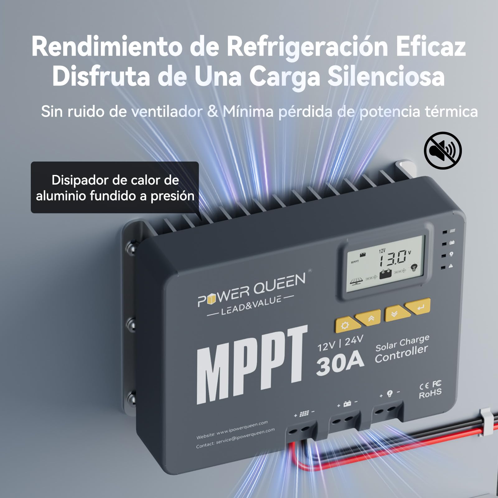 POWER QUEEN Regulador de Carga Solar MPPT 12V 24V 30A para Batería LiFePO4 | Potencia Máxima de 900W con Módulo Bluetooth Integrado y Pantalla LCD para Monitoreo en Tiempo Real de tu Energía