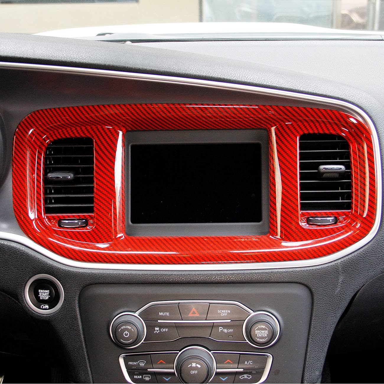 crosselec Carbon Fiber Dashboard DVD Navigation Screen Frame Cover Trim for Dodge Charger 2015+ (Red Carbon Fiber)