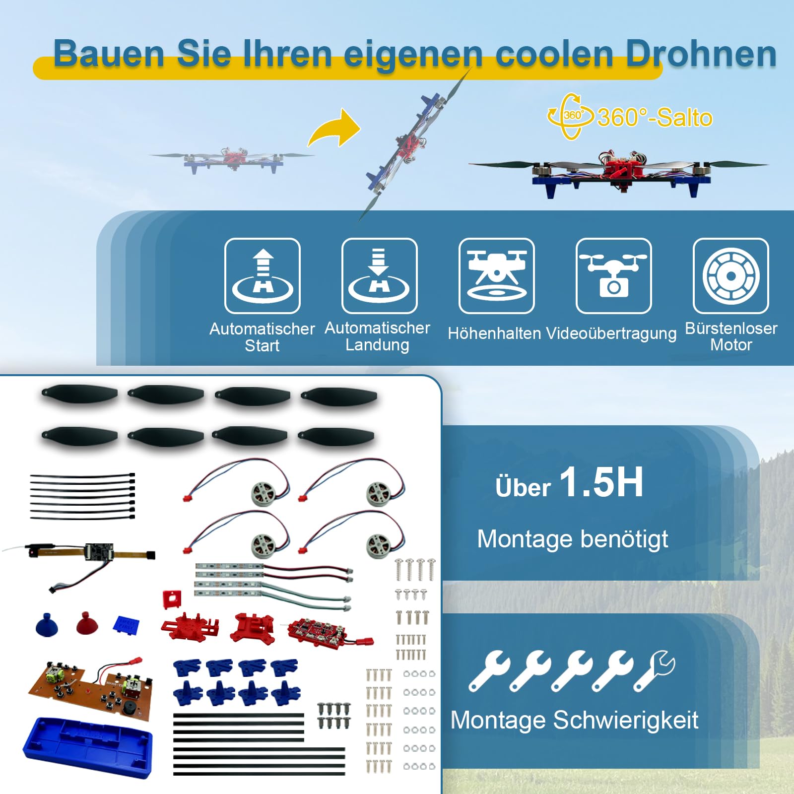 Quadrotor-Drohnen-DIY-Kit Ein einzigartiges STEM-Projekt mit Bürstenlosem Motor, optischem Flussschweben, Ein-Klick-Start und -Landung sowie 360°-Umdrehung für DIY-Enthusiasten, um die Grundlagen der