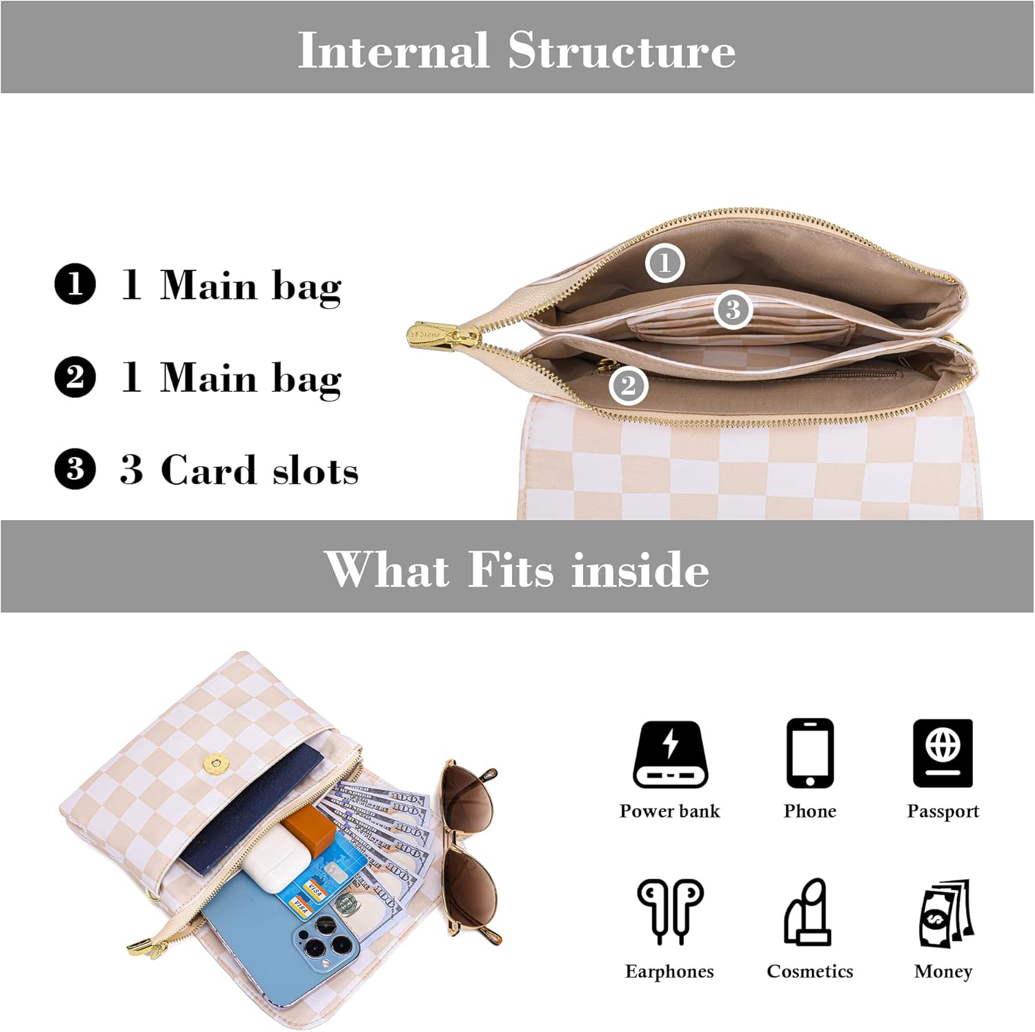 Small Crossbody Bag for Women Nylon Cell Phone Purse with Adjustable Strap Checkered Cross body Purses - Image 3