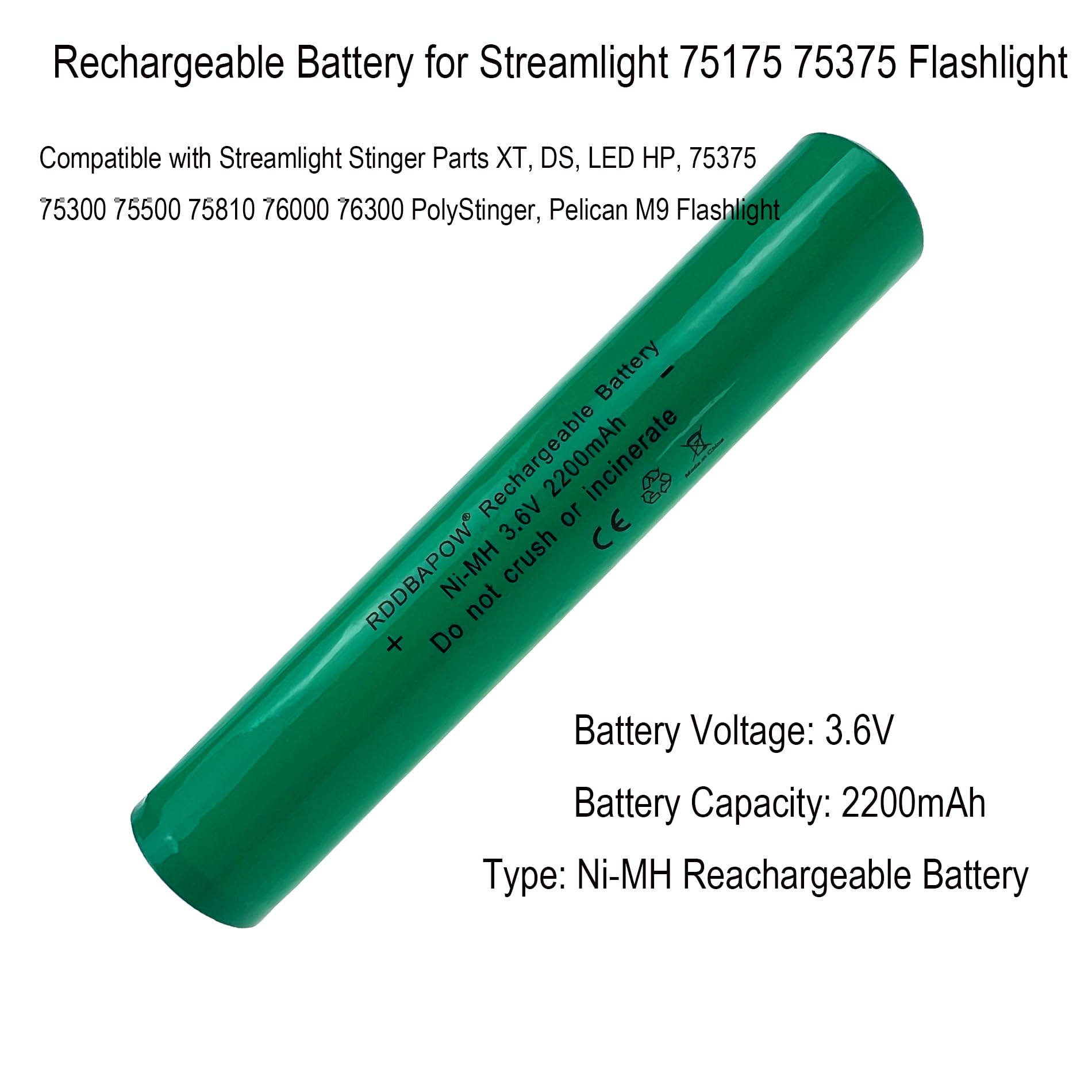 3.6V 2200mAh Ni-MH 75175 Rechargeable Batteries Compatible with Streamlight Stinger Parts XT,DS, LED HP, 75175/75375, FL126,PolyStinger, Pelican M9 Flashlight (1 Pack x 75175 rechargeable battery) : Tools & Home Improvement
