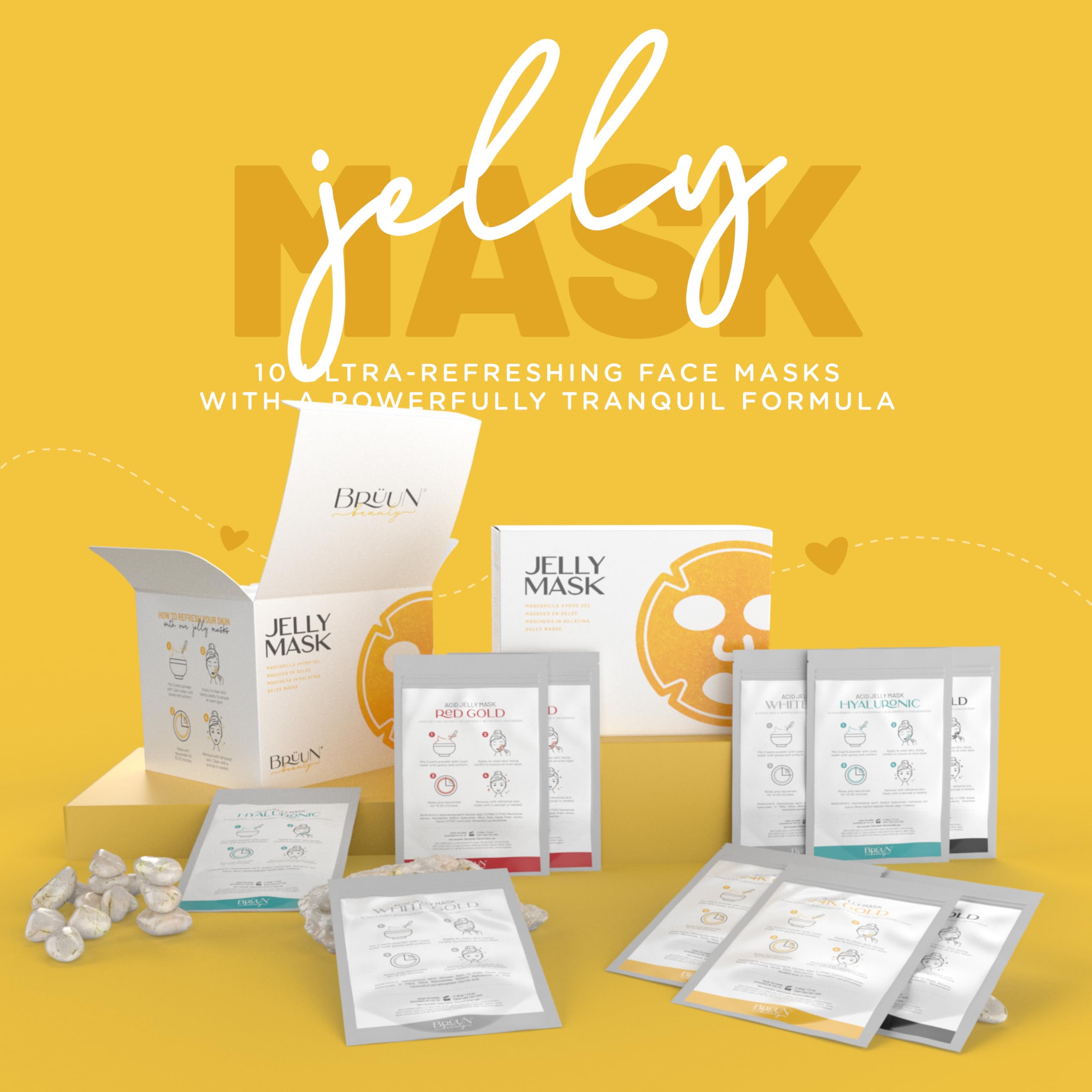 Brüun Peel-Off Jelly Mask Rubber Mask - 5 Treatments (Black Gold Salicylic AC, Red Gold Lactic AC, White Gold Glycolic AC, 24k Gold Mandelic AC, Hyaluronic AC) - 2 Packs of Each