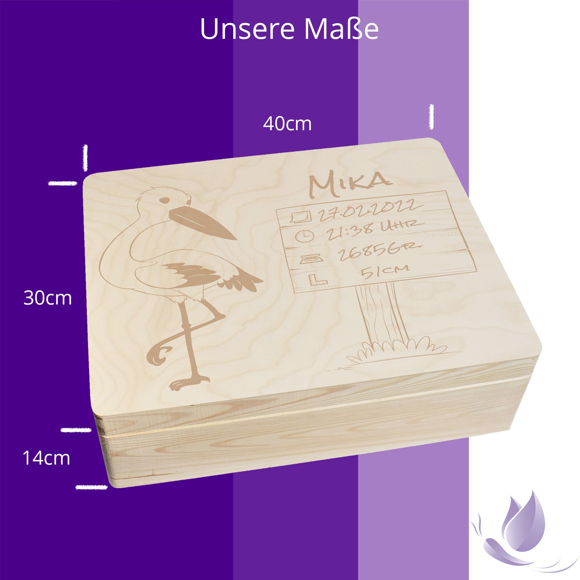 Scatola dei ricordi personalizzata per neonati e bambini con incisione cicogna – Scatola in legno per bei ricordi – Scatola in legno 40 x 30 x 14 cm