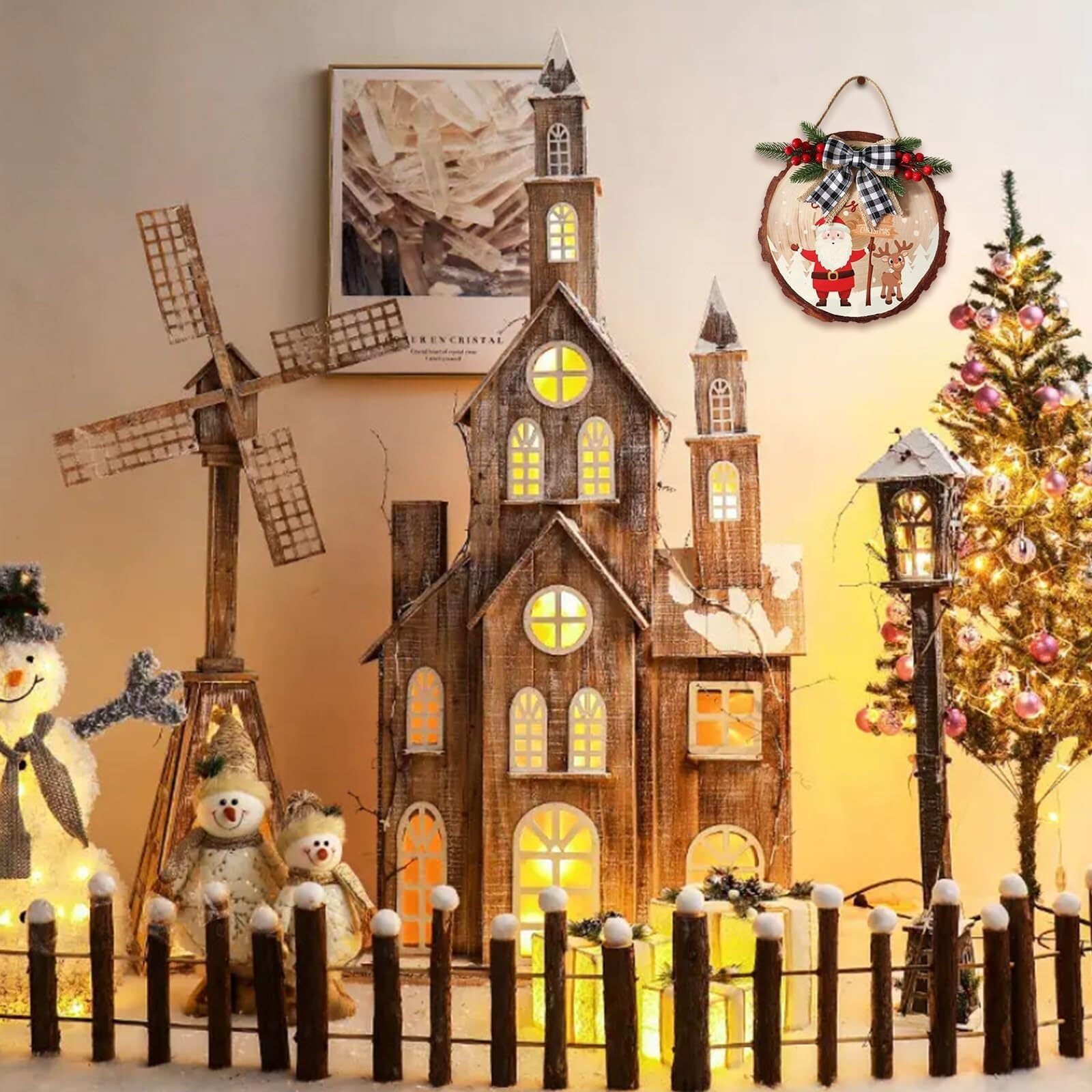Corona De Navidad para Puerta Letrero De Madera For Puerta Colgante De Navidad, Letrero De Madera Interior Decorativo Redondo Artificial Guirnalda