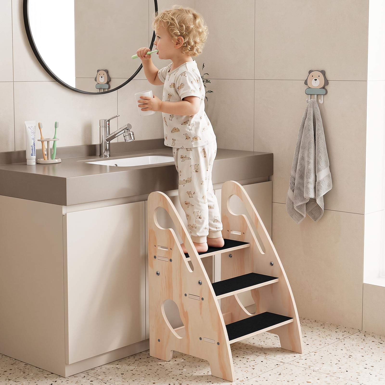 Photo 1 of Toddler Step Stool, Wooden Height-Adjustable 3-Step Stool for Kids, Potty Training Stool with Handles and Non-Slip Pads for Bathroom Sink, Kitchen, Bedroom