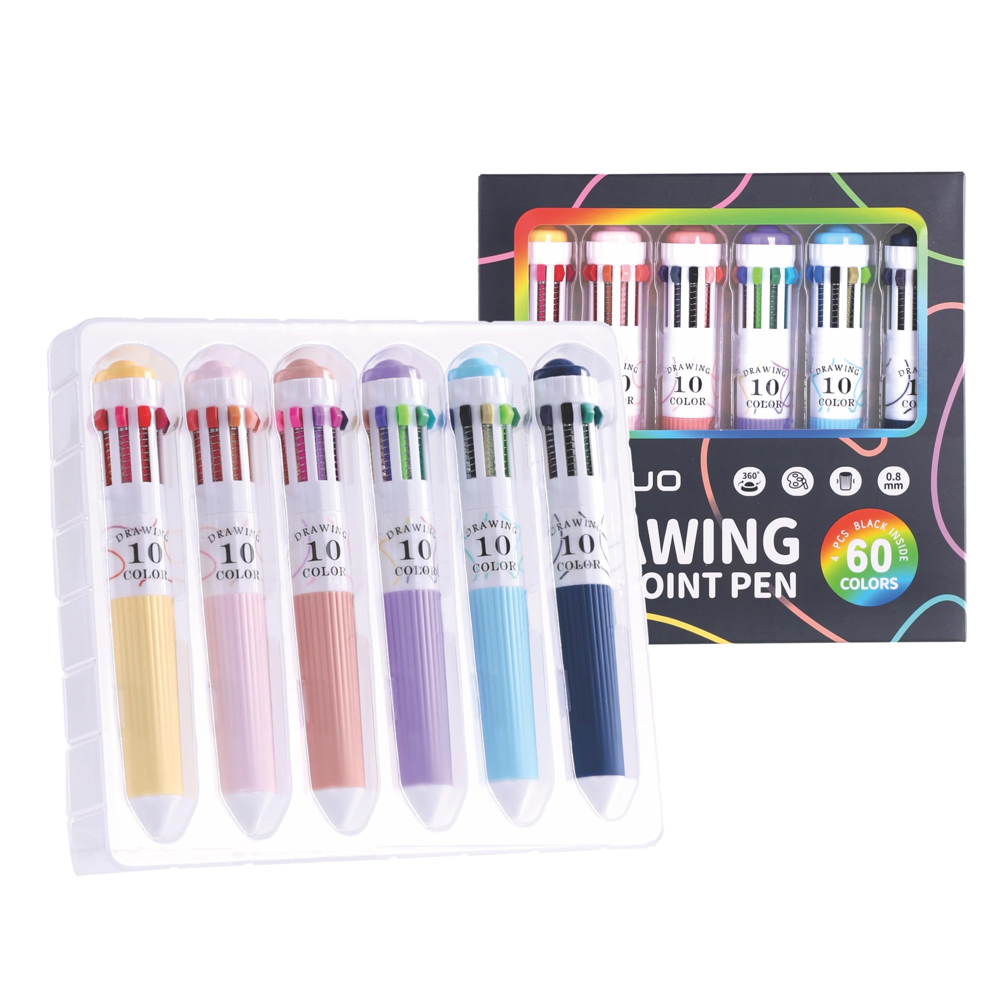 languo Set di 60 penne a sfera multicolore 10 in 1, punta da 0,8 mm, penne colorate retrattili per disegno e scrittura, forniture artistiche per ufficio scolastico