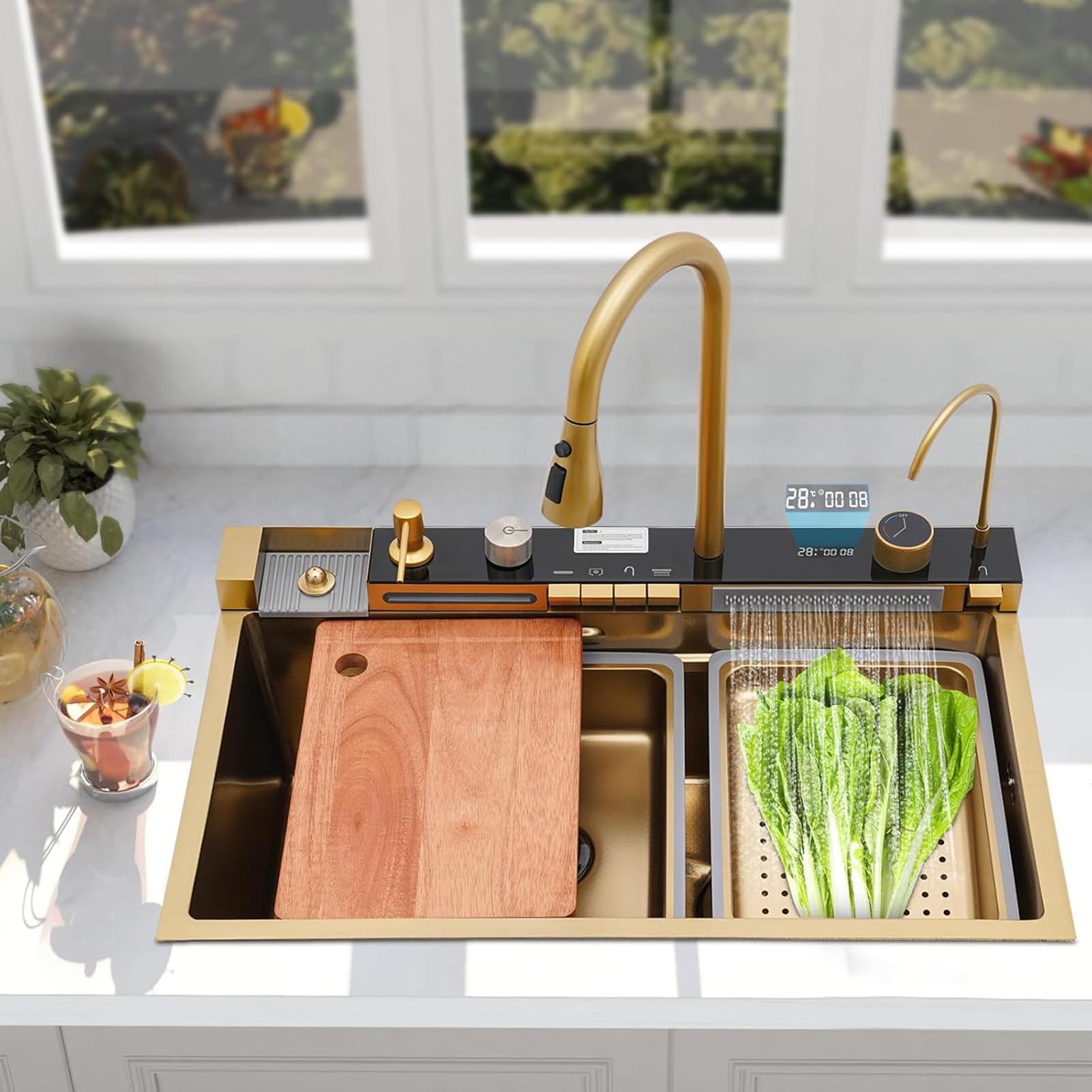 Lavello Cucina Con Cascata 80 x 45 cm,Lavello Cucina 1 Vasca In Acciaio Inox,Lavello Oro Multifunzione Cucina,Con Rubinetto Estraibile,Sifone,Dispenser Sapone,Lavello Mobile e Tagliere