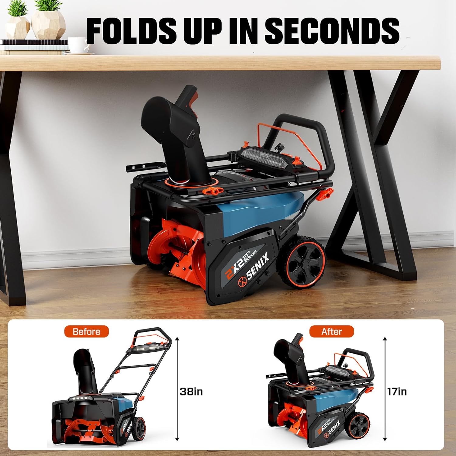 SENIX snow blower with foldable handle, showing before and after dimensions for compact storage.
