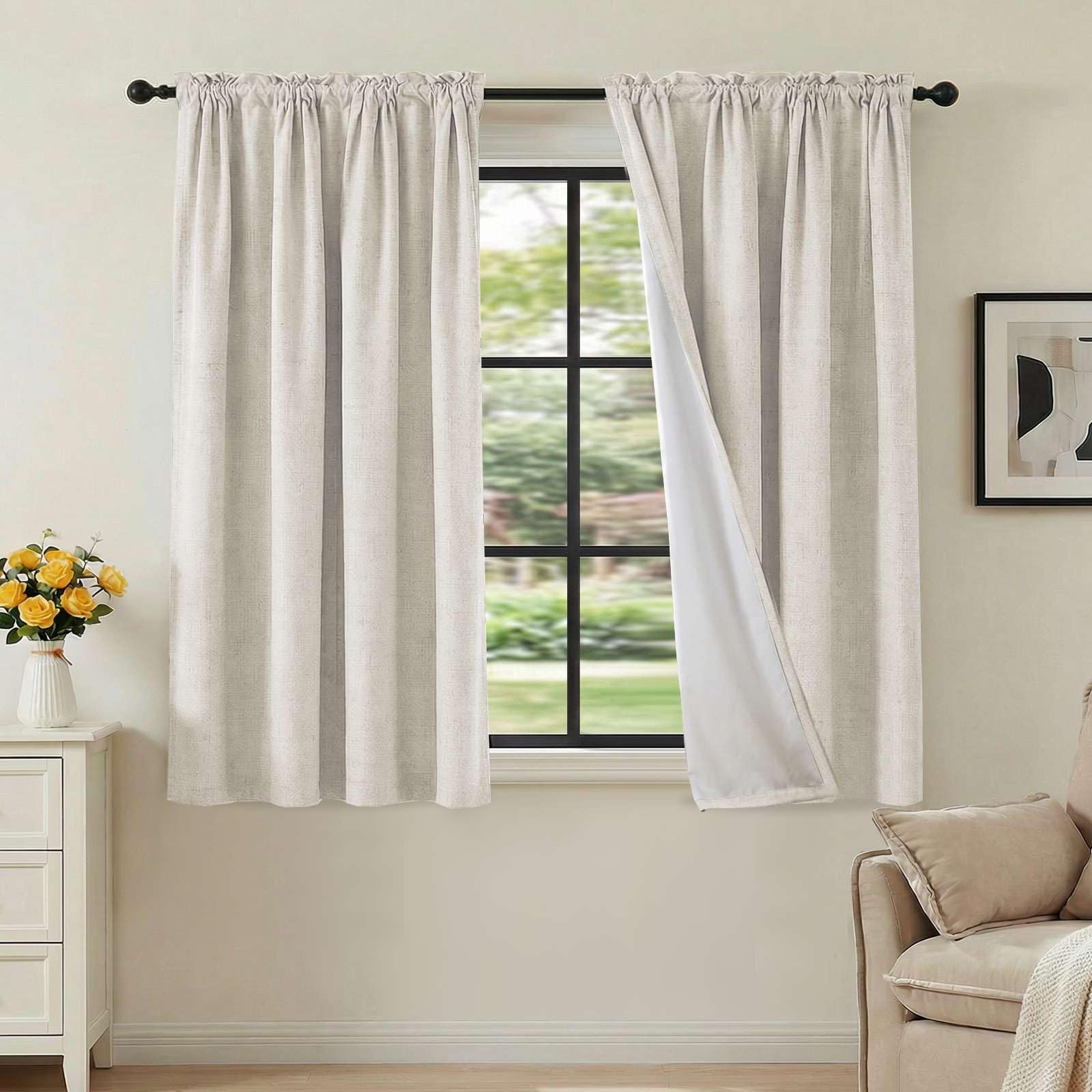 H.VERSAILTEX Linen Look 100% Blackout Curtains 45 Inches Long for Bedroom Full Light Blocking Rod Pocket Linen Textured Thick Window Curtain Drapes