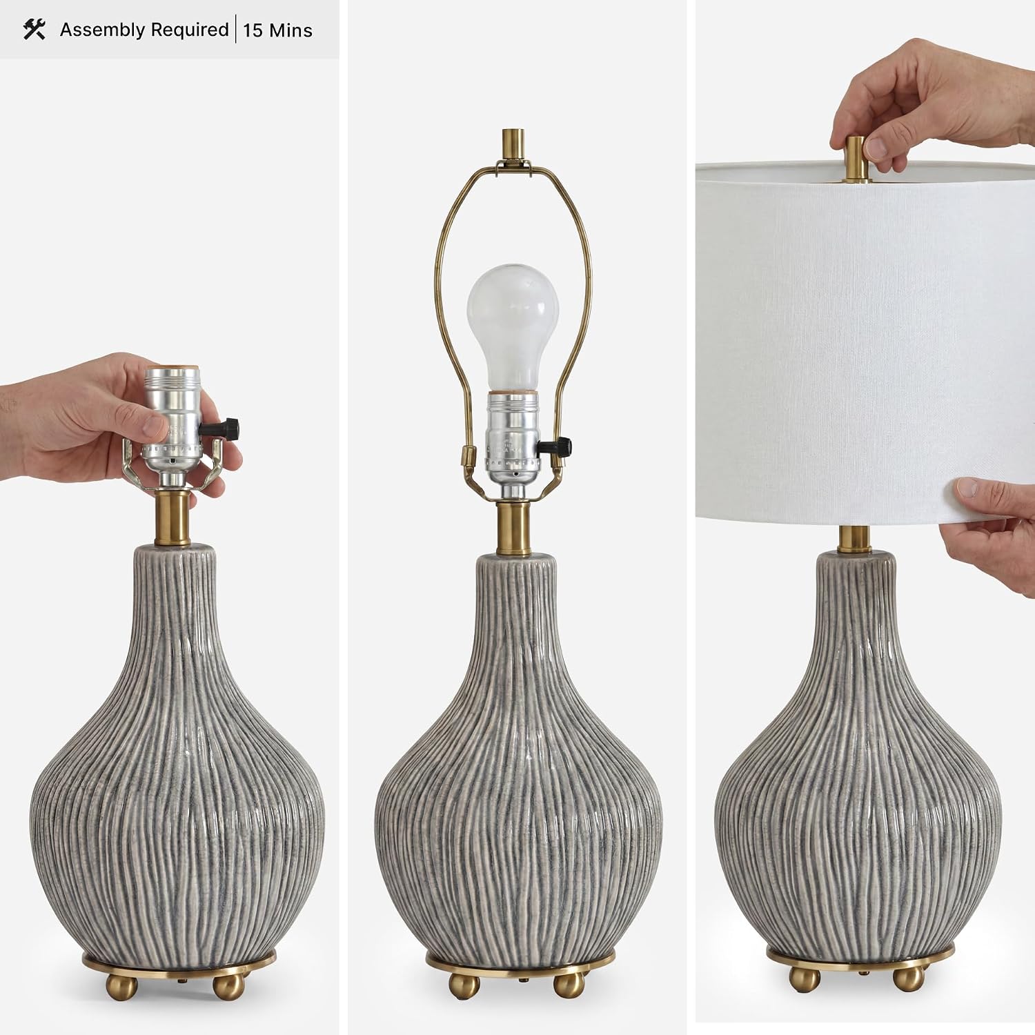 Signature Design by Ashley Table Lamp, 25 in Gourd, 3-Way Switch, Gray | Artisan gourd base with goldtone feet, Preassembled cotton drum shade with 3-way switch and 93-inch cord, Judlen Series