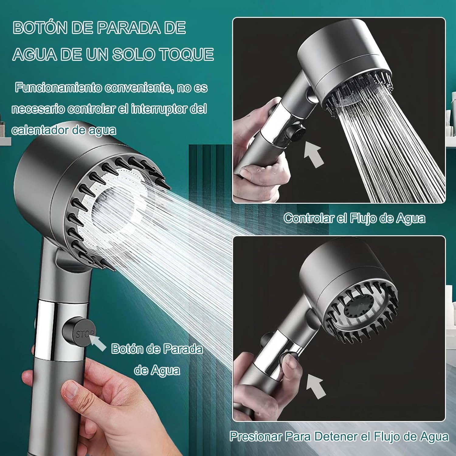 Alcachofa de Ducha con Filtro de 15 Pasos, cabezal ducha Antical con Manguera de 1.5M, Filtro Ducha 3 +1 Modos de Rociado filtro y botón de OFF/ON, Ideal para Aguas Duras y Limpieza del Baño Gris