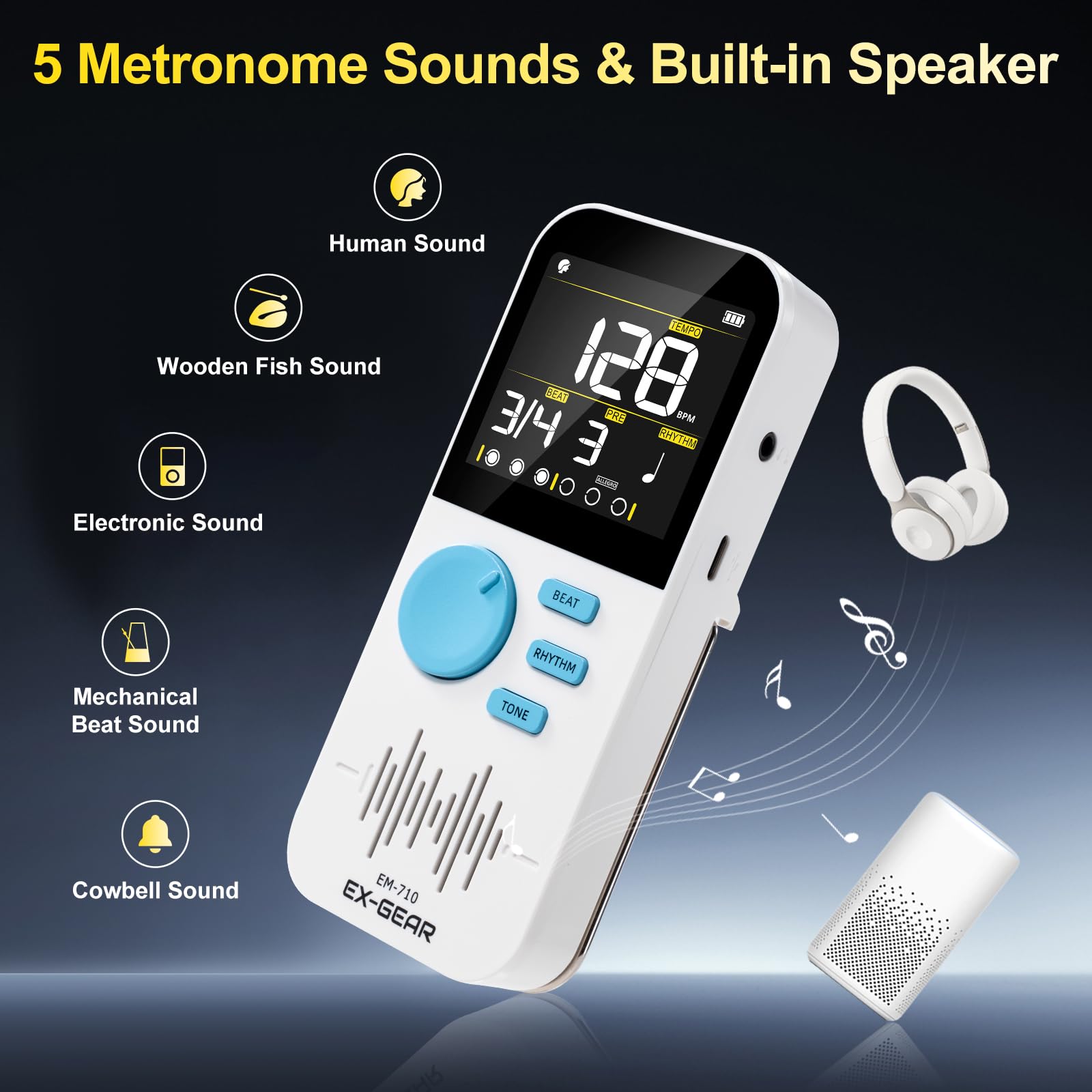 EX-Gear Métronome rechargeable avec grand écran LCD couleur pour piano et