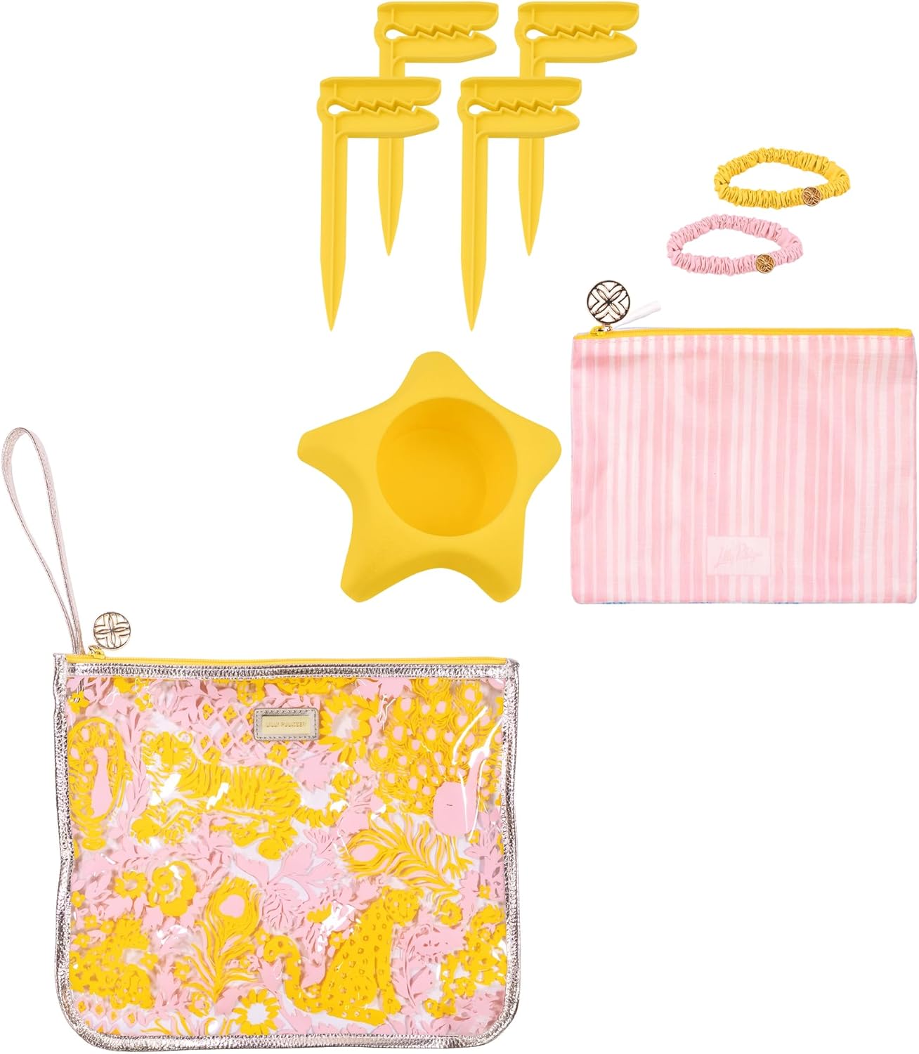 Lilly Pulitzer Water Resistant Vinyl Beach Essentials Paradise Pouch, Zipper Bag Includes 2 Scrunchies, Drink Holder & Towel Stakes (Royal Zoo)