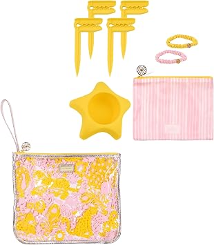 Lilly Pulitzer Water Resistant Vinyl Beach Essentials Paradise Pouch, Zipper Bag Includes 2 Scrunchies, Drink Holder & Towel Stakes (Royal Zoo)