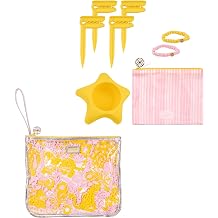 Lilly Pulitzer Water Resistant Vinyl Beach Essentials Paradise Pouch, Zipper Bag Includes 2 Scrunchies, Drink Holder & Towel Stakes Royal Zoo