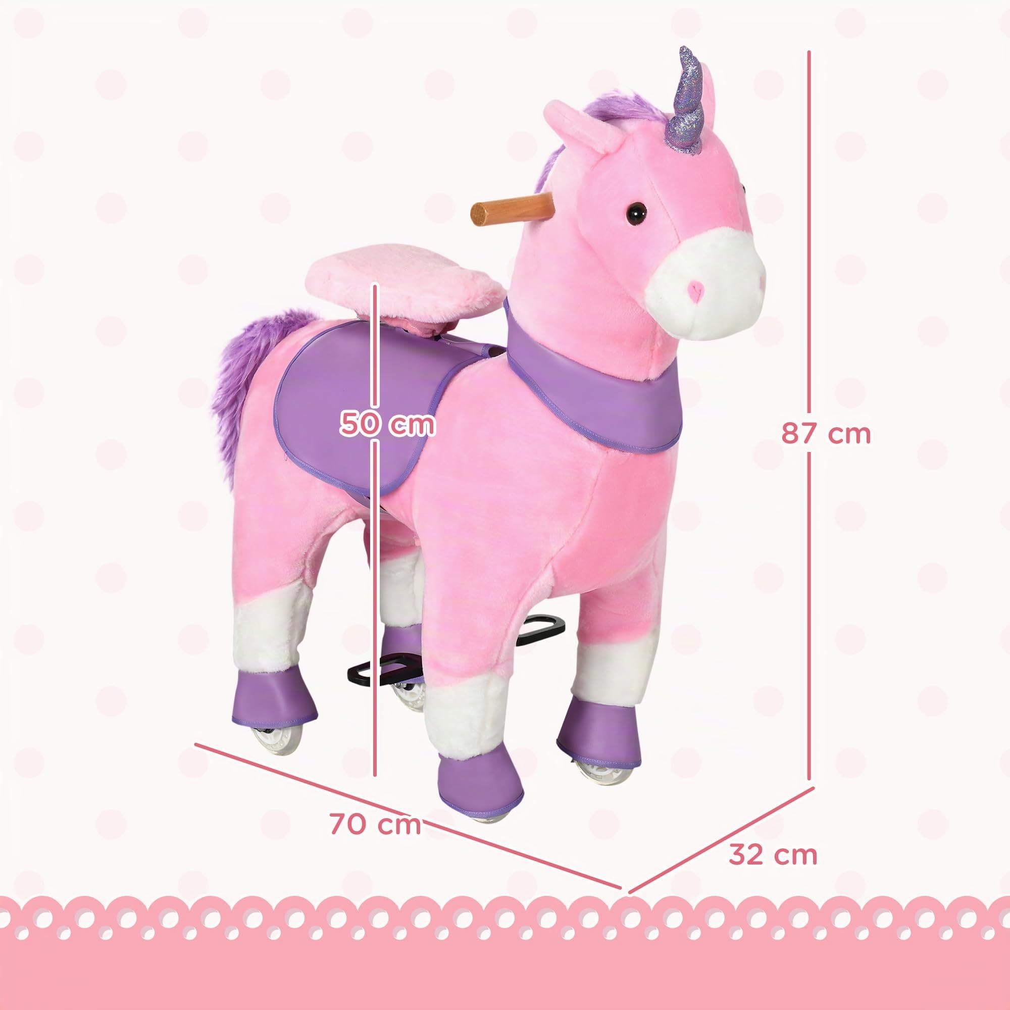 HOMCOM Cavallo a Dondolo con Ruote per Bambini 3-6 Anni 70x32x87cm Rosa | Giocattolo da Equitazione a Forma di Unicorno, Gioco Cavalcabile