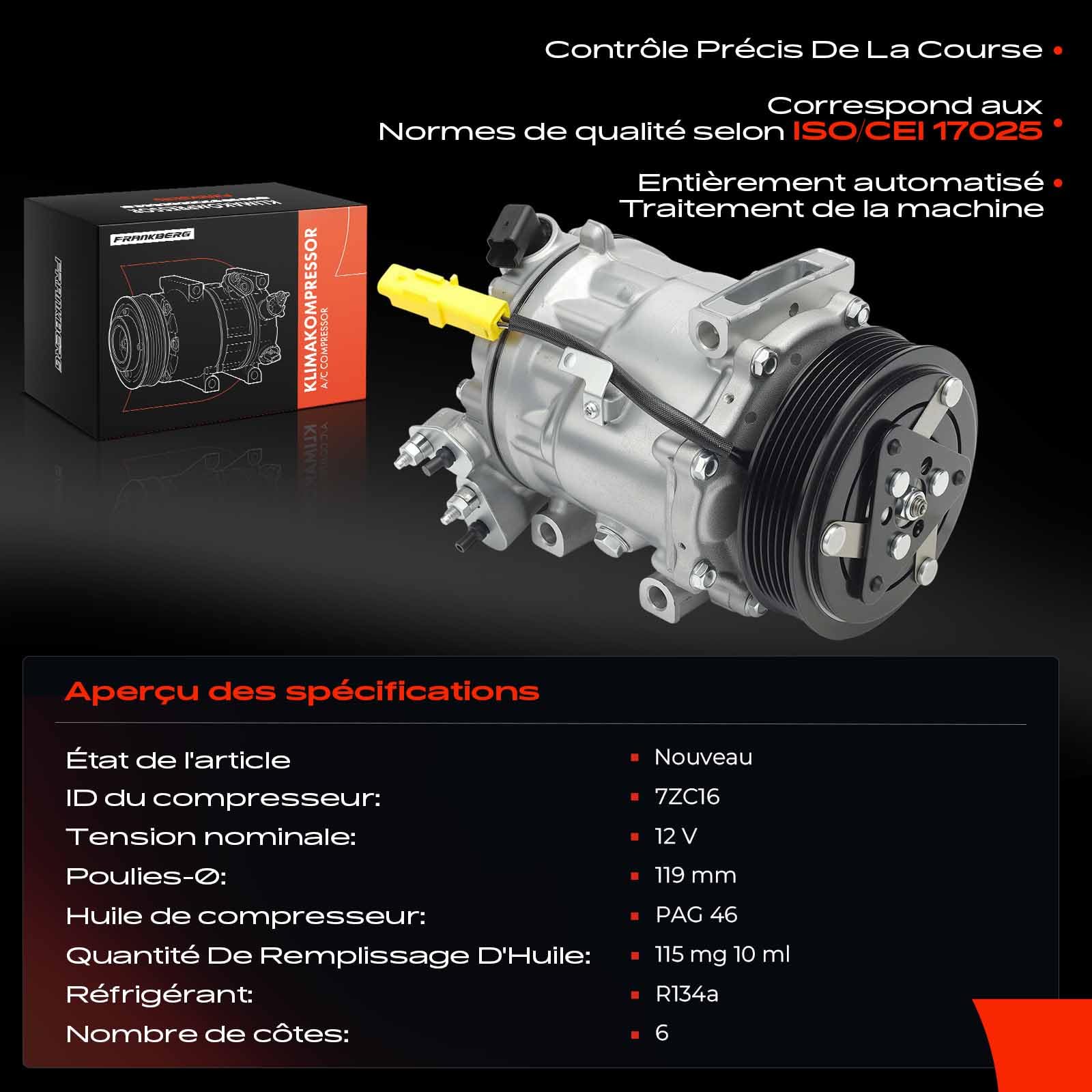 Frankberg Compresseur de climatisation avec embrayage | Compatible avec: Latitude L70, 407 Coupé 6C, 508 SW I 8E, 607 9D 9U, C5 Box/Combi RE, 508 SW Box/Combi 8E, C5 II RC
