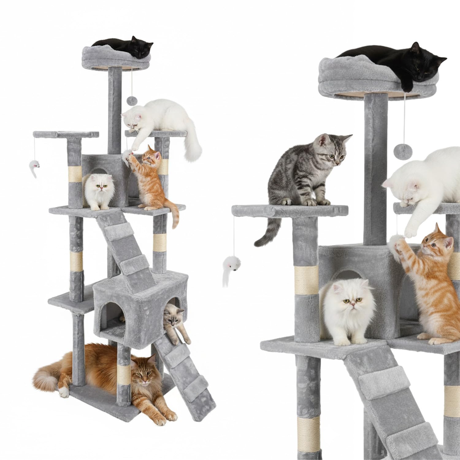 Avilia - Tiragraffi XXL 170cm con Doppia Cuccia per Gatti Adulti, Albero Giochi in Sisal e Peluche, Piatteforme Relax, Ampio e Sicuro per il Massimo Divertimento dei Gatti (Grigio)