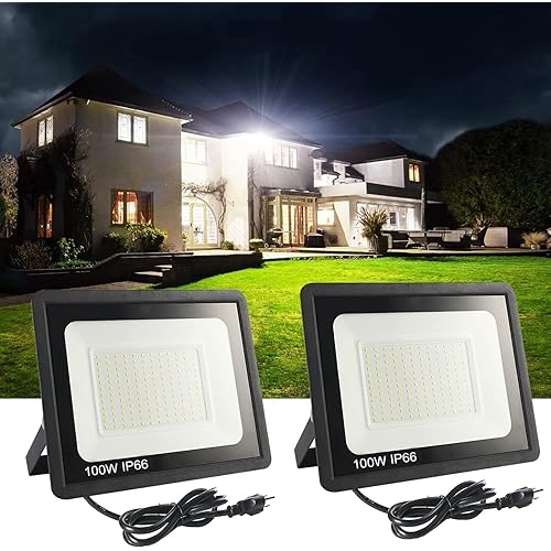 2Pack 100W LED Flood Light Outdoor,11100LM LED Work Light with US Plug,5000K Daylight White,IP67 Waterproof Outdoor Floodlights for Yard,Garden,Playground