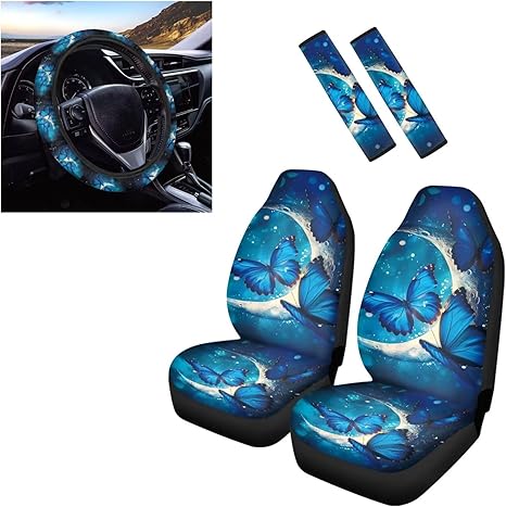 Biyejit Moon Butterfly Auto Seat Cover Protection Front Seat Covers for Car 5pcs Car Steering Wheel Cover Seatbelt Pads for Most Vehicle Interior Set Decorative