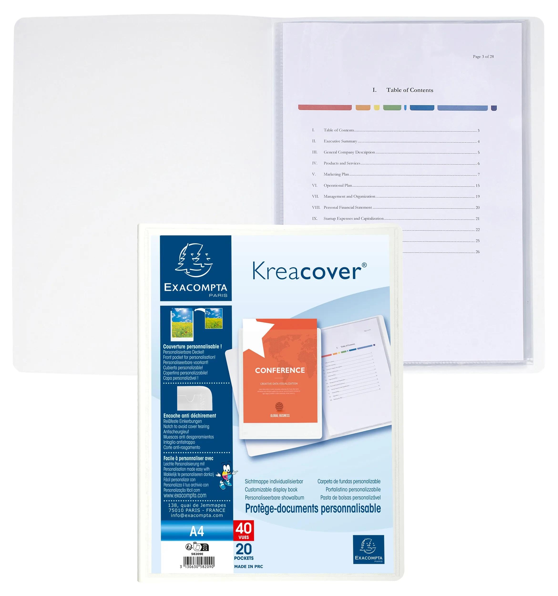 Exacompta 58209E 20er Pack Sichtmappe KreaCover Chromaline aus Kunststoff DIN A4 mit 20 Klarsichthüllen, 40 Sichten, Tasche am Vorderdeckel zum selbstgestalten, Aktenhülle, farbig sortiert