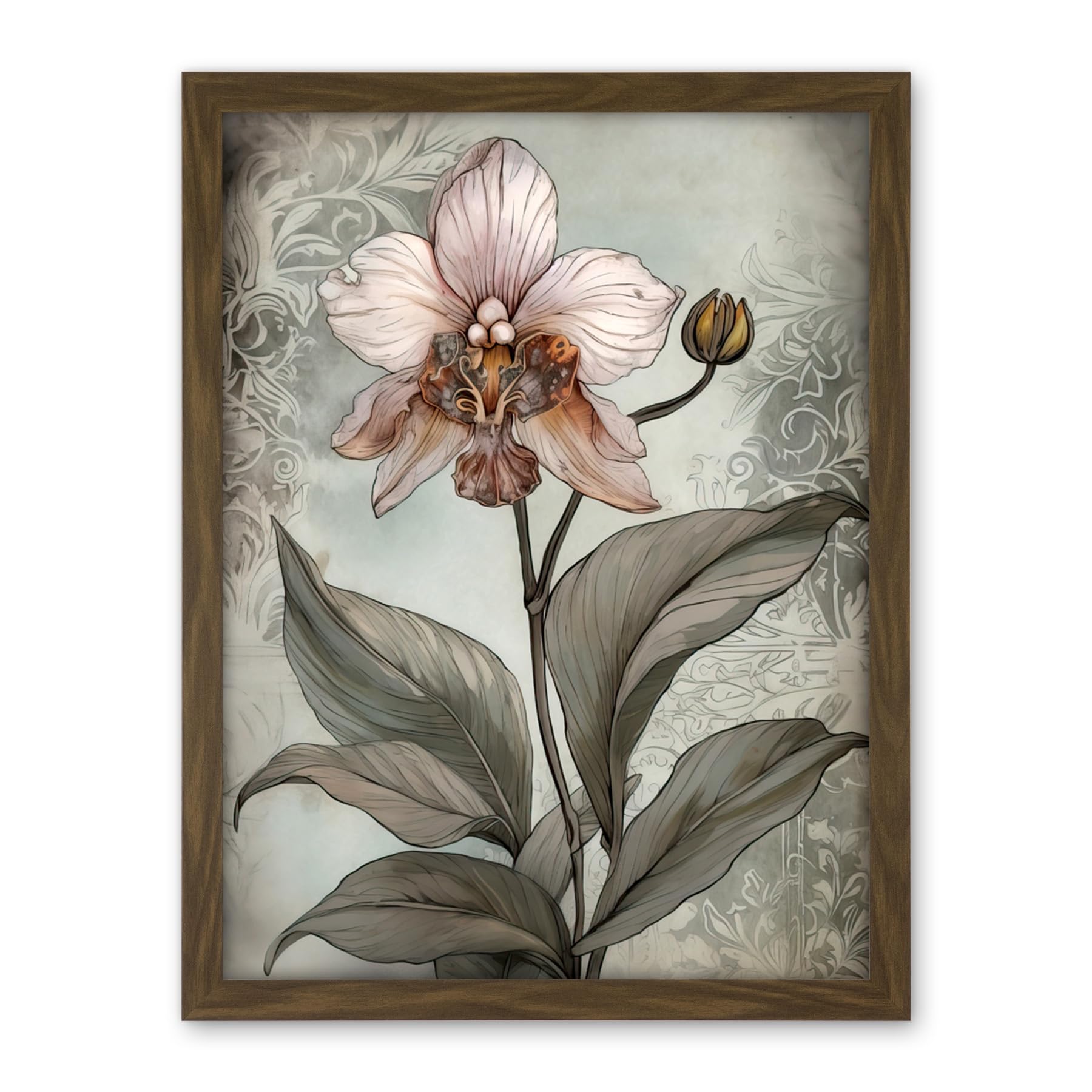 Artery8 Art Nouveau Pink Orchid Bloom Flower Watercolour Artwork Framed Wall Art Print 18X24 Inch