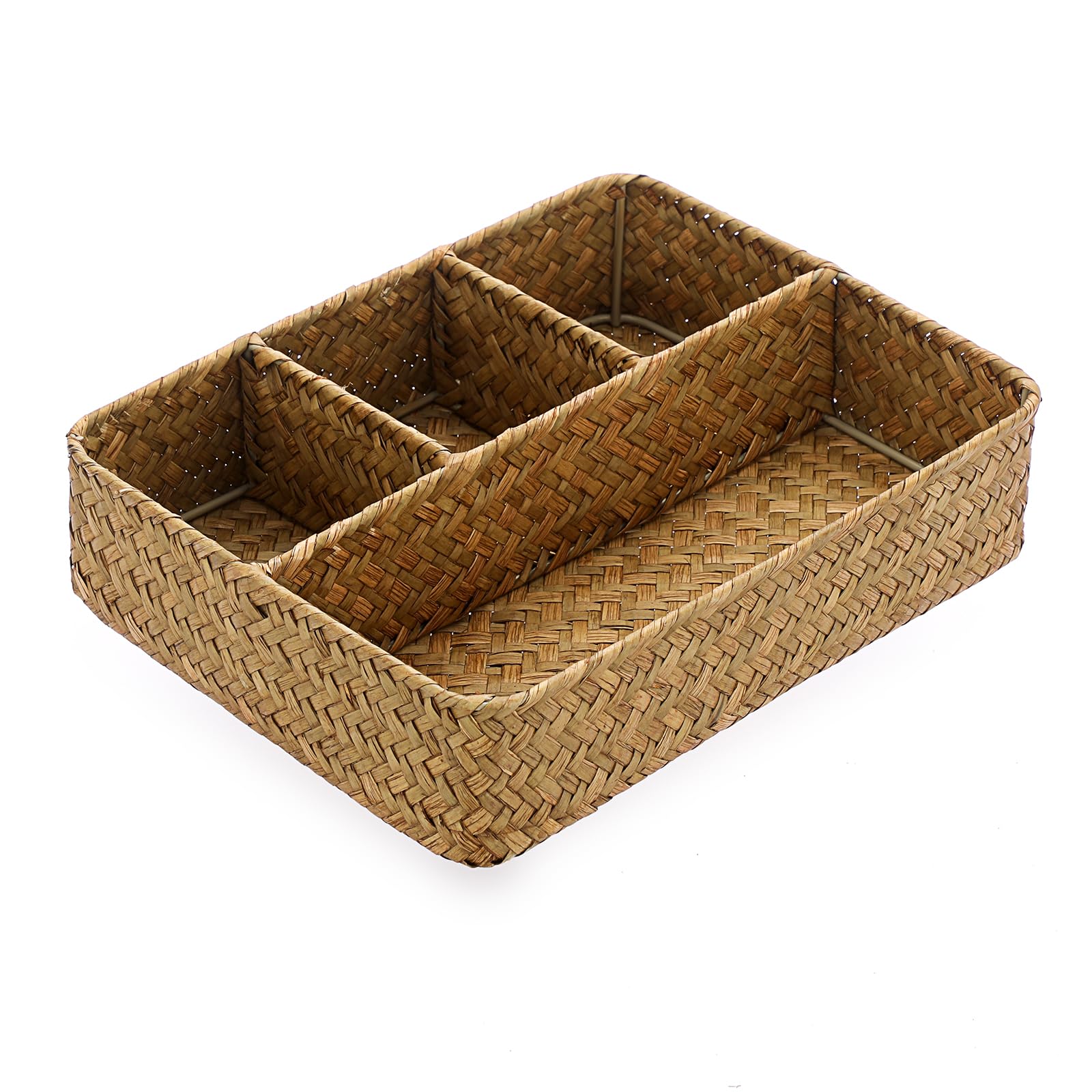 BTSKY Desk Drawer Organizer Tray, Coffee Station Organizer Tea Bag Organizer, Woven Seagrass Storage Basket with 4 Divided Sections Handwoven Wicker Storage Basket for Shelves, Pantry, Coffee Bar