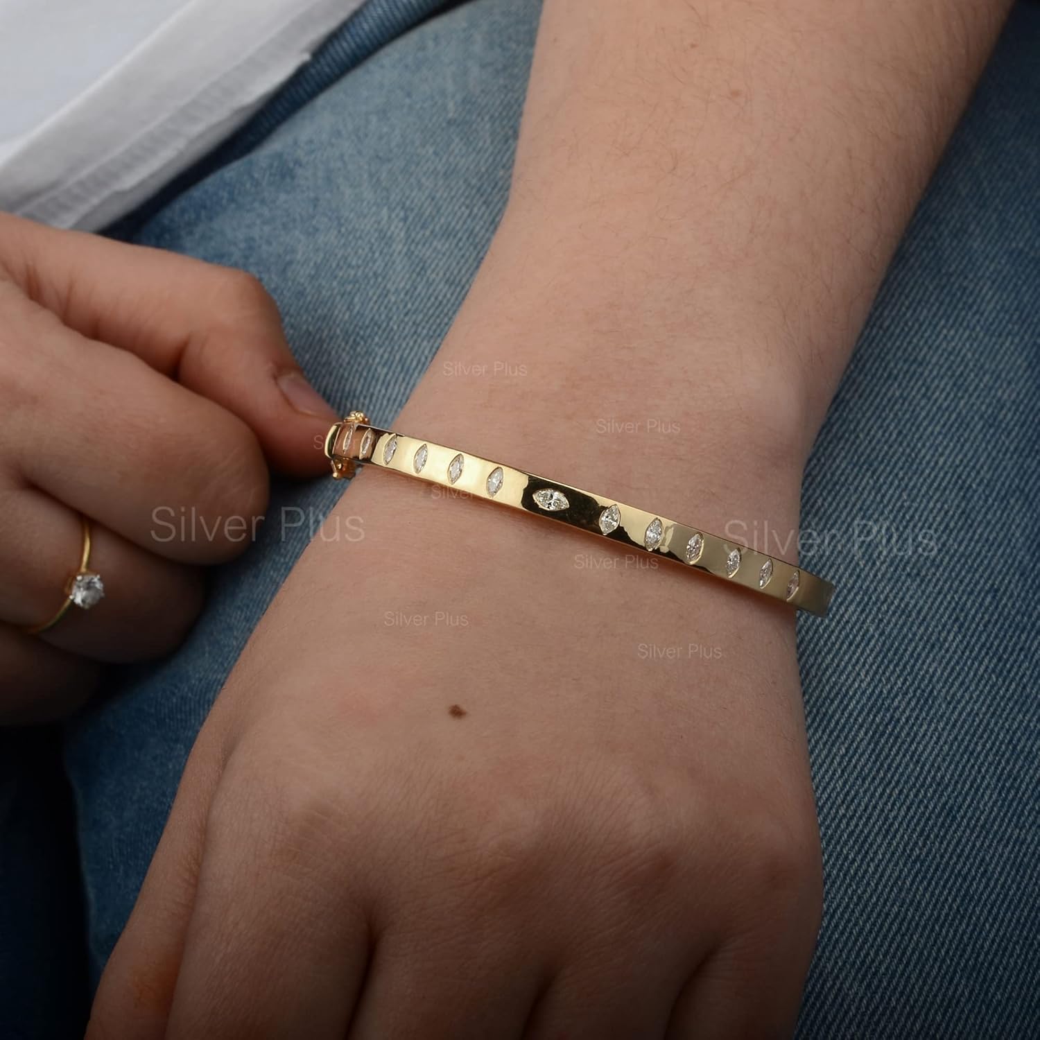 Genuine Marquise Cut SI Clarity G-H Color Diamond Solid 18K Yellow Gold Bezel Set Half Tennis Bangle Bracelet Jewelry